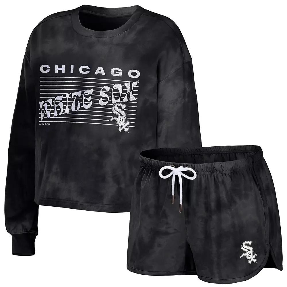 Women's WEAR by Erin Andrews Black Chicago White Sox Tie-Dye Cropped Pullover Sweatshirt & Shorts Lounge Set, Size: Large Product Image