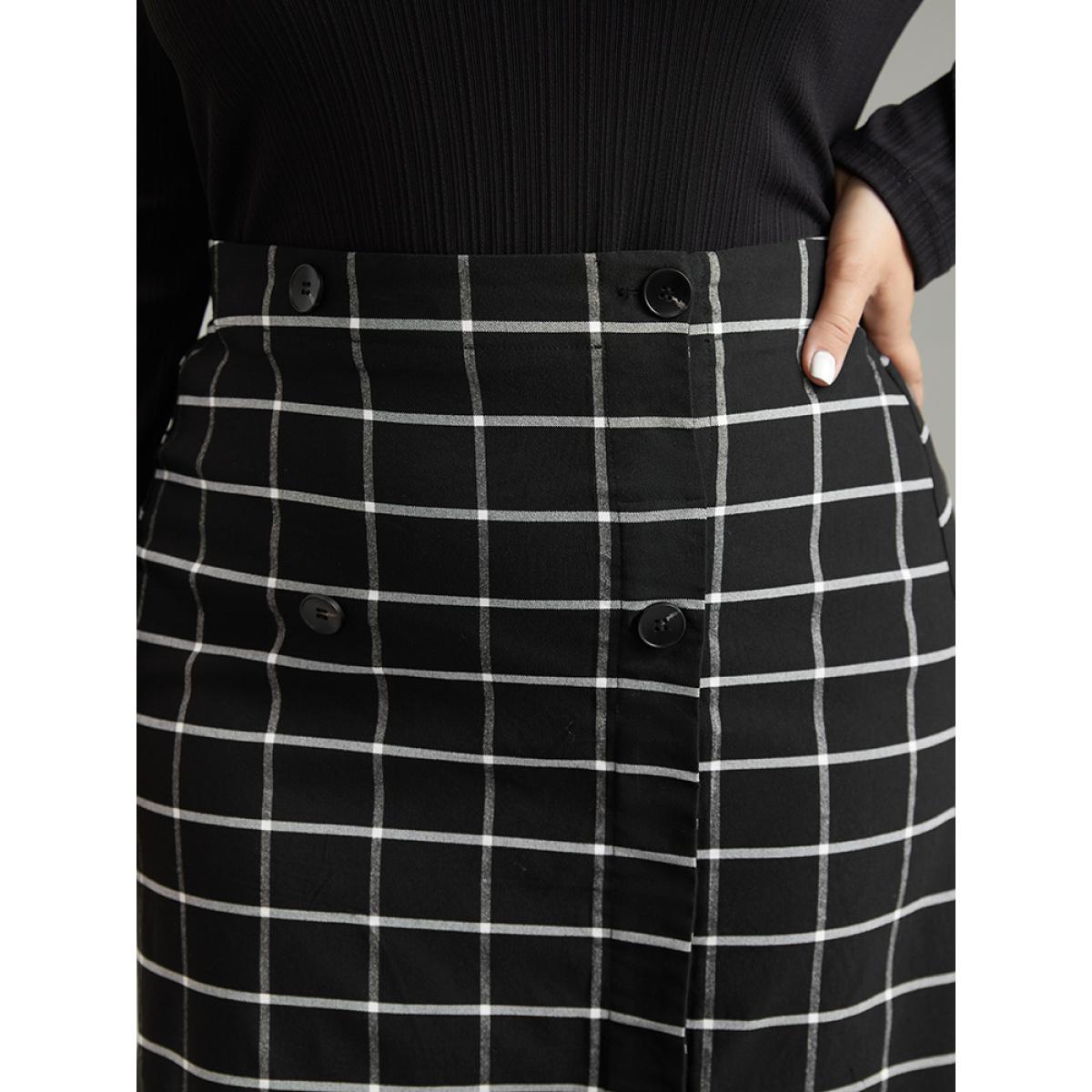 Plus Size Plaid Button Detail Elastic Waist Skirt Women Black Office Elastic Waist Bodycon Low stretch Work Skirts BloomChic 22-24/3X Product Image