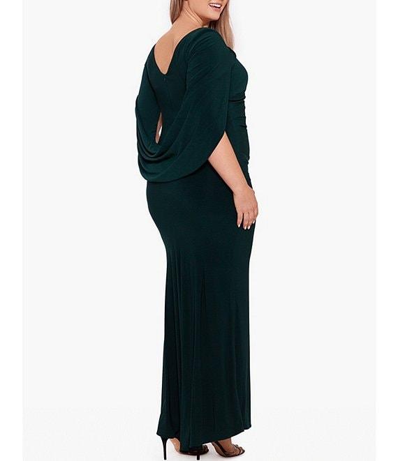 Betsy & Adam Plus Size Boat Neck 3/4 Drape Sleeve Gown Product Image
