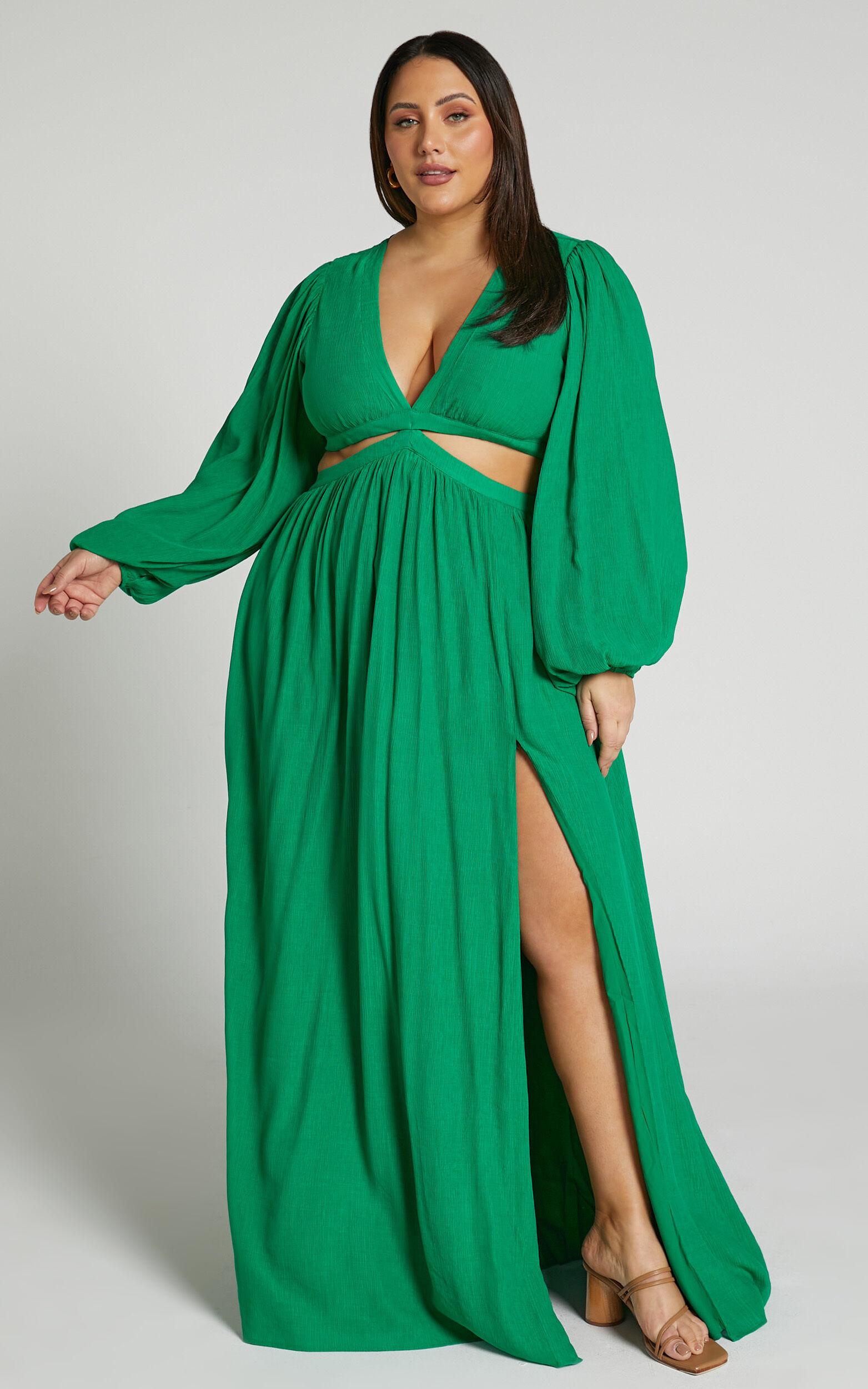 Paige Maxi Dress - Side Cut Out Balloon Sleeve Dress in Green Product Image