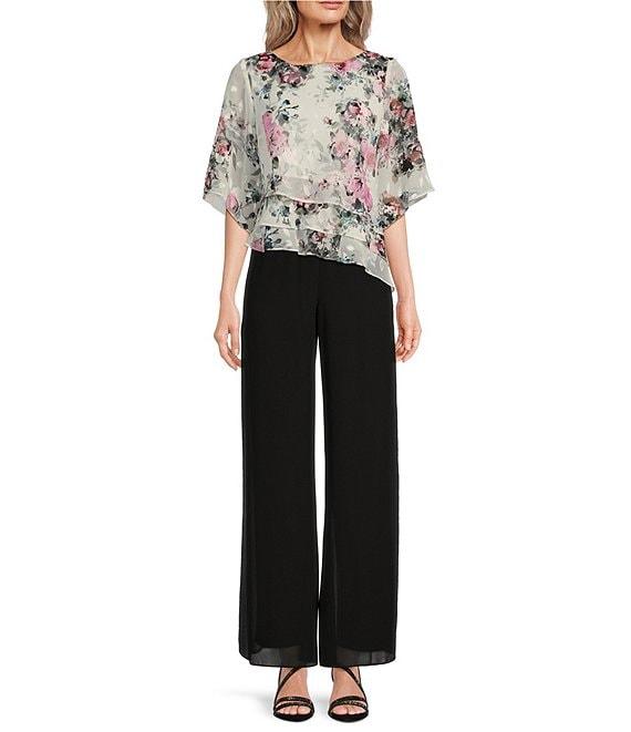 Alex Evenings Petite Size 3/4 Bell Sleeve Crew Neck Triple Tier Asymmetrical Hem Floral Chiffon Blouse Product Image