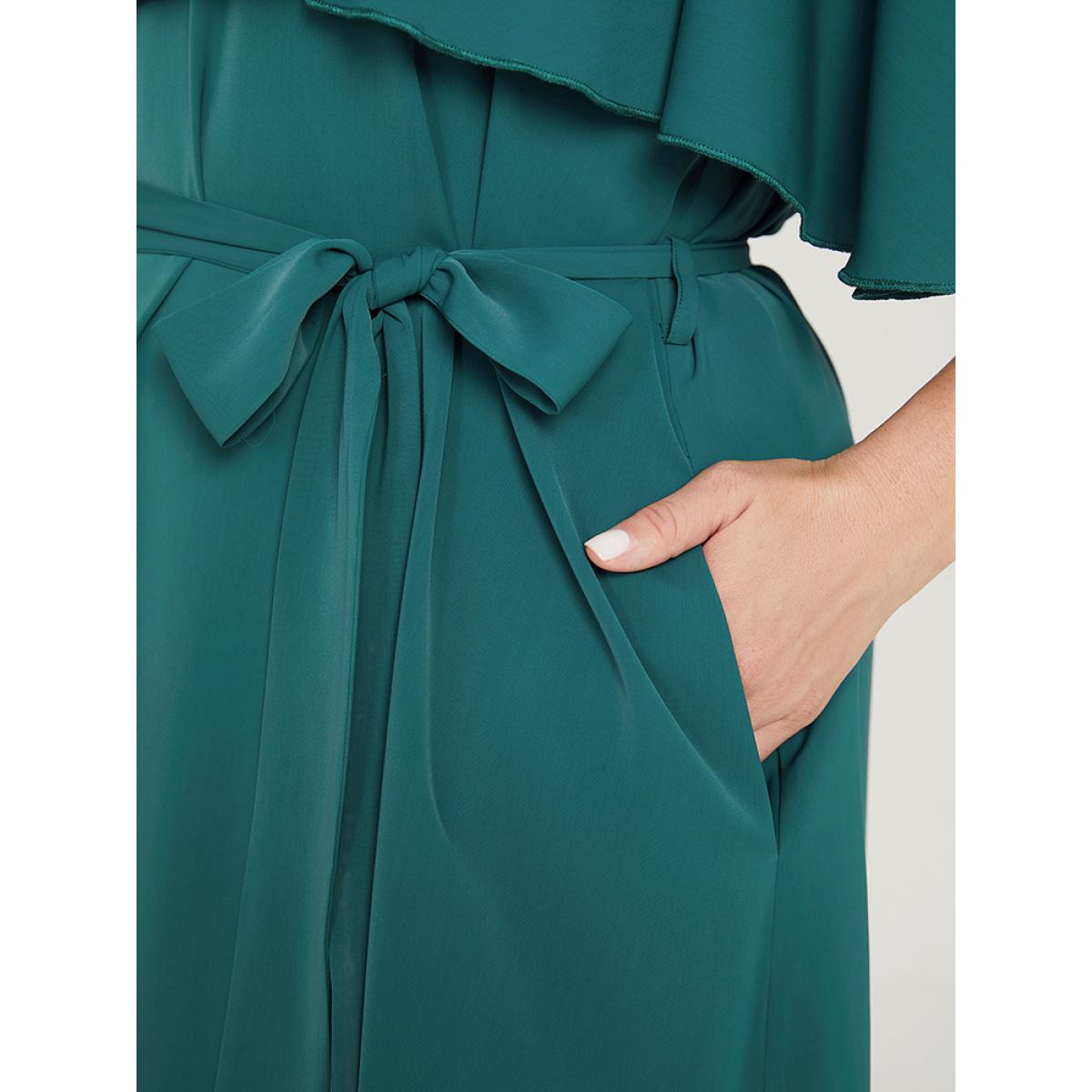 Plus Size Plain Keyhole Pocket Belted Ruffles Dress Emerald Women Elegant Belted Keyhole Cut-Out Short sleeve Curvy Midi Dress BloomChic 12/L Product Image