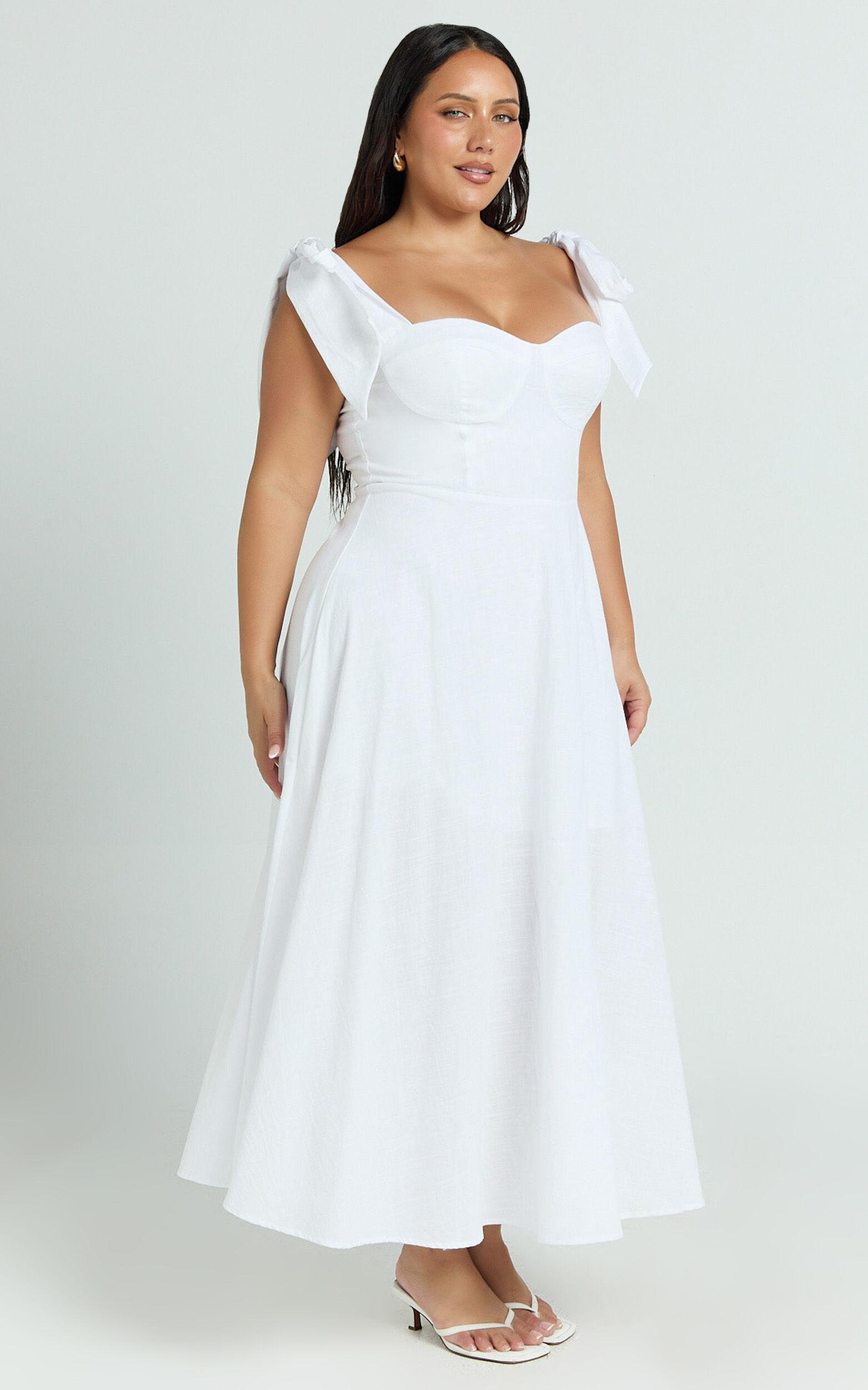 Tymia Midi Dress - Shoulder Tie Bustier Shirred Back A Line in White Product Image