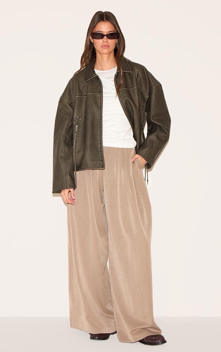 Brown Distressed Look Zip Boxy Trim Detail Biker Jacket Product Image