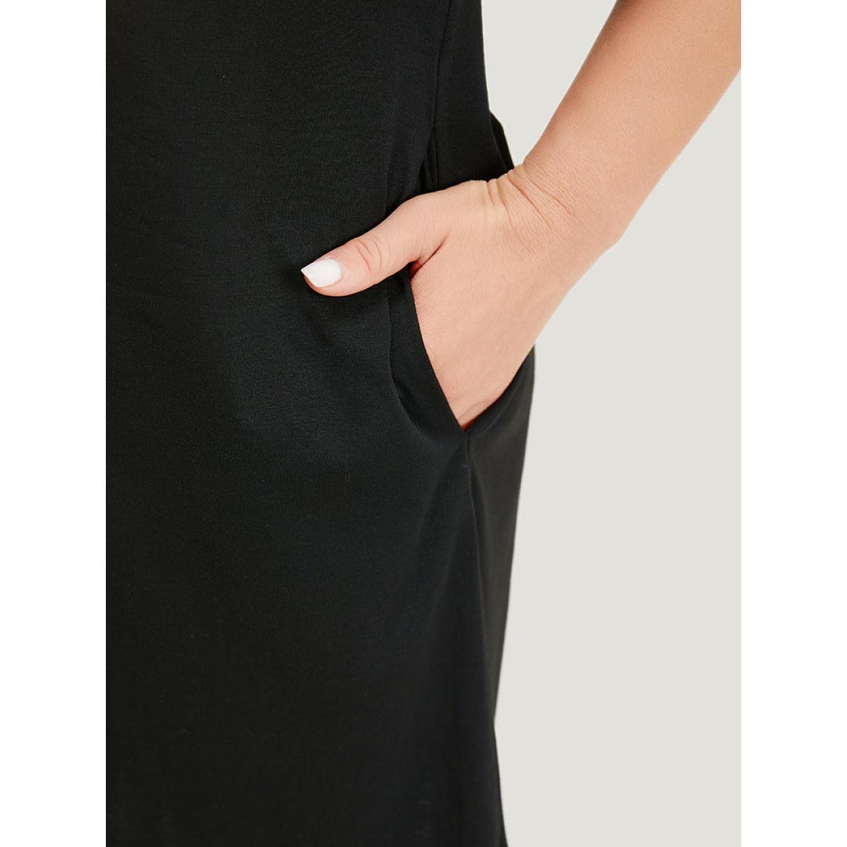 Plus Size Supersoft Essentials Tropical Print Pocket Cold Shoulder Tassel Trim Dress Black Women Casual Tassels Curvy Midi Dress BloomChic 28/5X Product Image