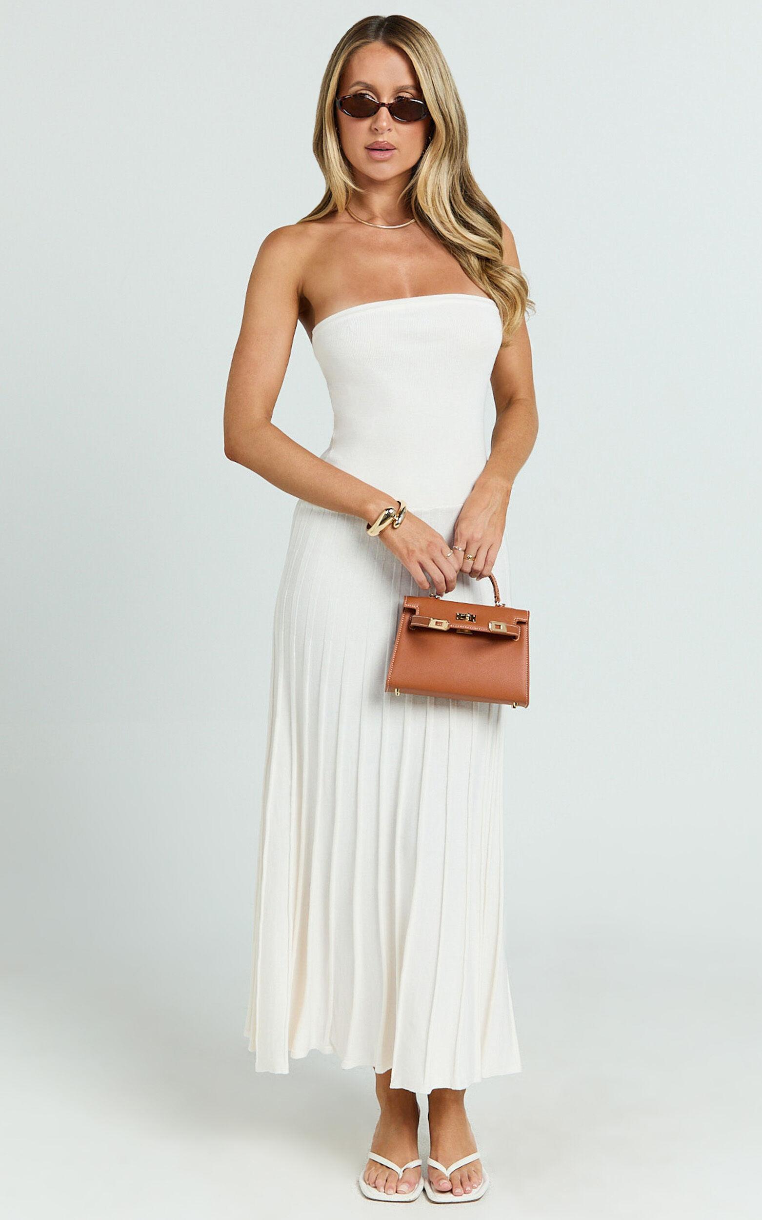 Paris Midi Dress - Strapless Drop Waist Pleated Knit Dress in White Product Image