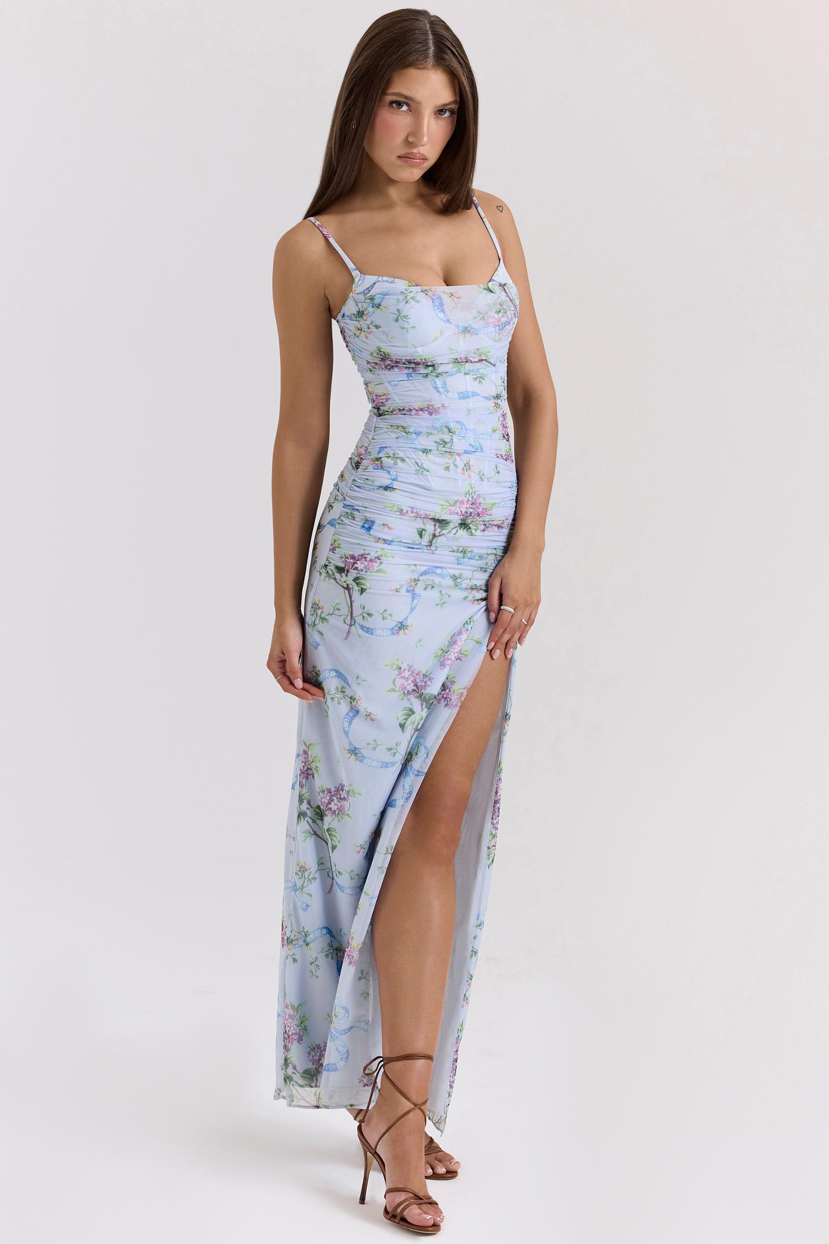 Lini  blue floral print mesh maxi dress Product Image