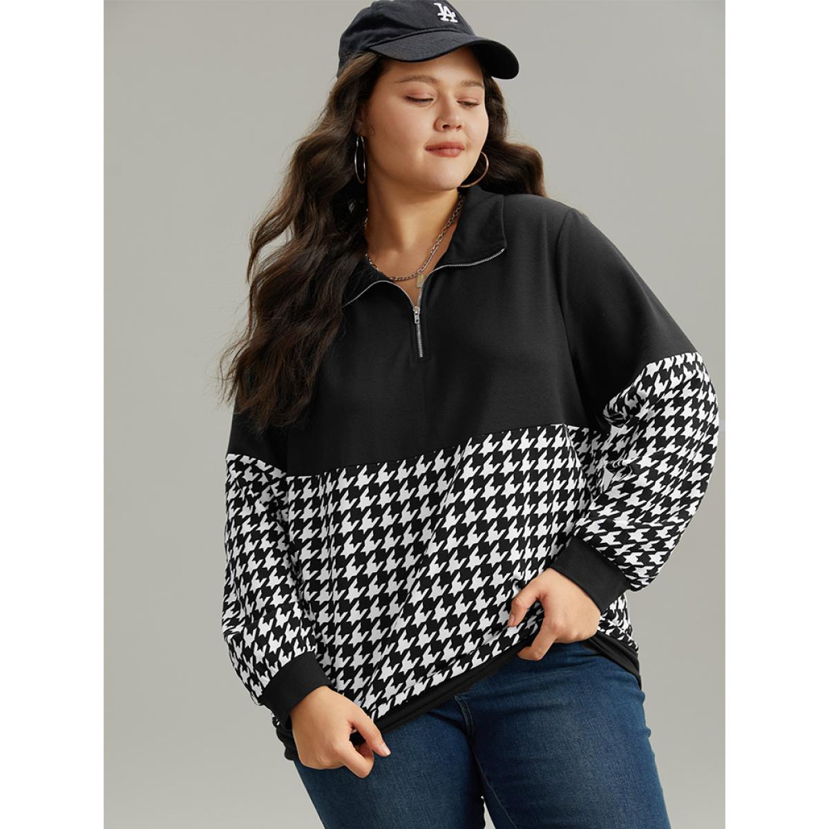 Plus Size Houndstooth Patchwork Half Zip Sweatshirt Women Black Casual Elastic cuffs Polo Dailywear Sweatshirts BloomChic 26/4X Product Image