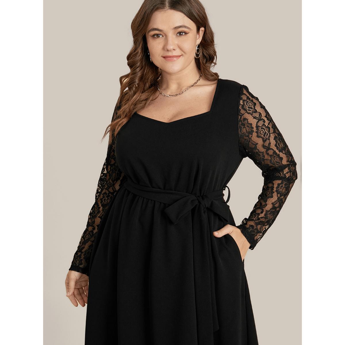 Plus Size Solid Pocket Lace Belted Flutter Dress Black Women Elegant Cut-Out V-neck Long Sleeve Curvy Midi Dress BloomChic 14-16/1X Product Image