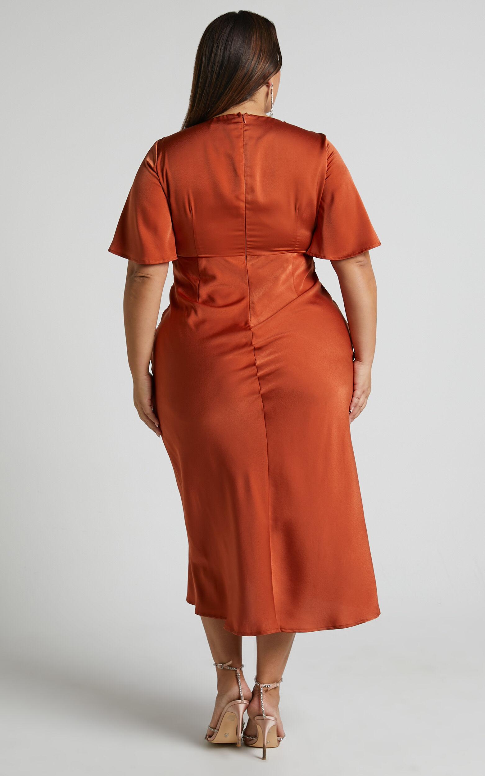 Nicholla Midi Dress - Ruched Front Angel Sleeve Slip Dress in Copper Product Image