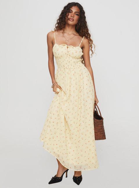 Pearle Shirred Maxi Dress Cream Floral Product Image