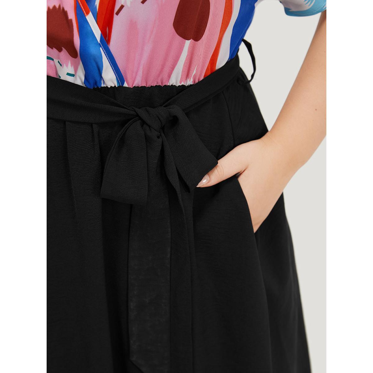 Plus Size Brush Print Surplice Neck Belted Patchwork Flutter Dress Black Women Office Wrap V-neck Short sleeve Curvy Midi Dress BloomChic 28/5X Product Image