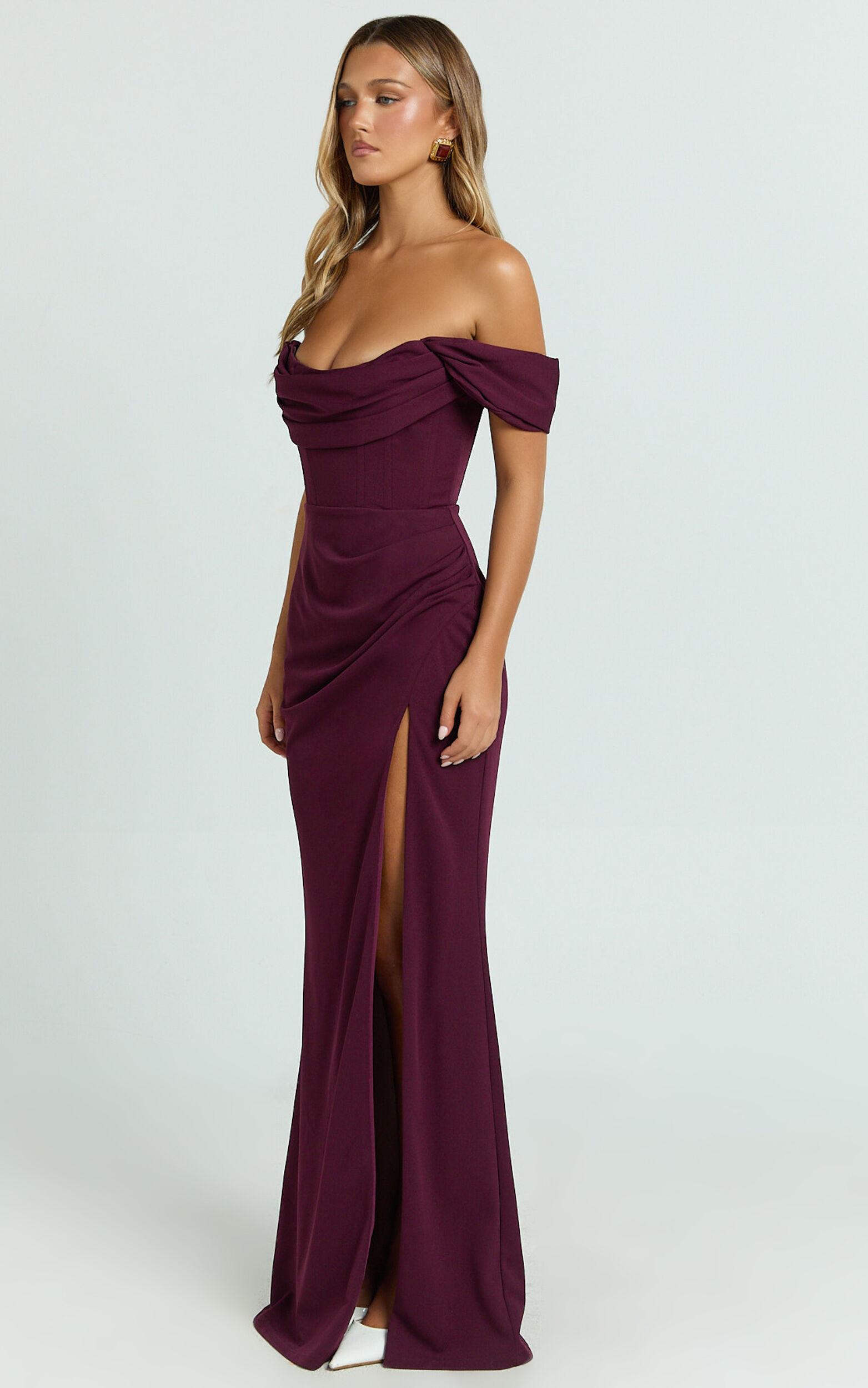 Marcel Maxi Dress - Off Shoulder Corset High Split Dress in Wine Product Image