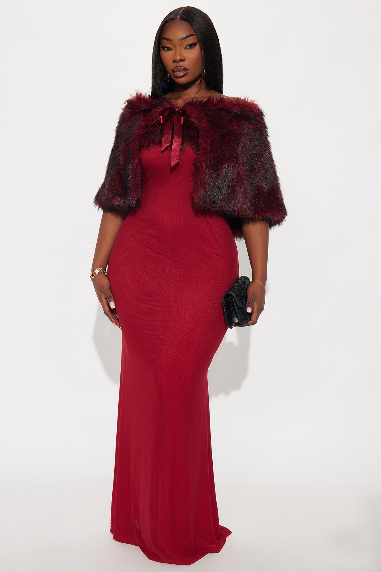 Glam Theory 2 Piece Faux Fur Gown - Burgundy Female Product Image