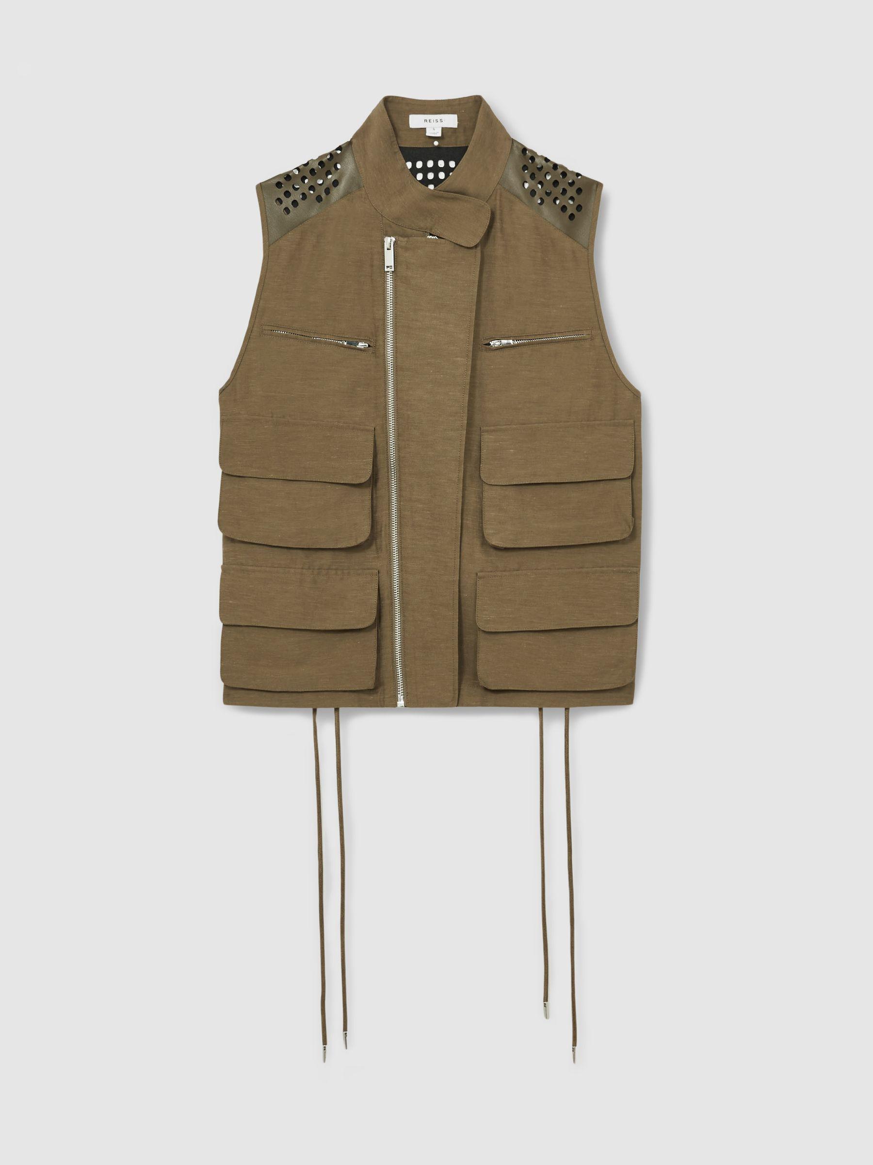 Cargo-Pocket Laser-Cut Gilet With Linen in Khaki Product Image