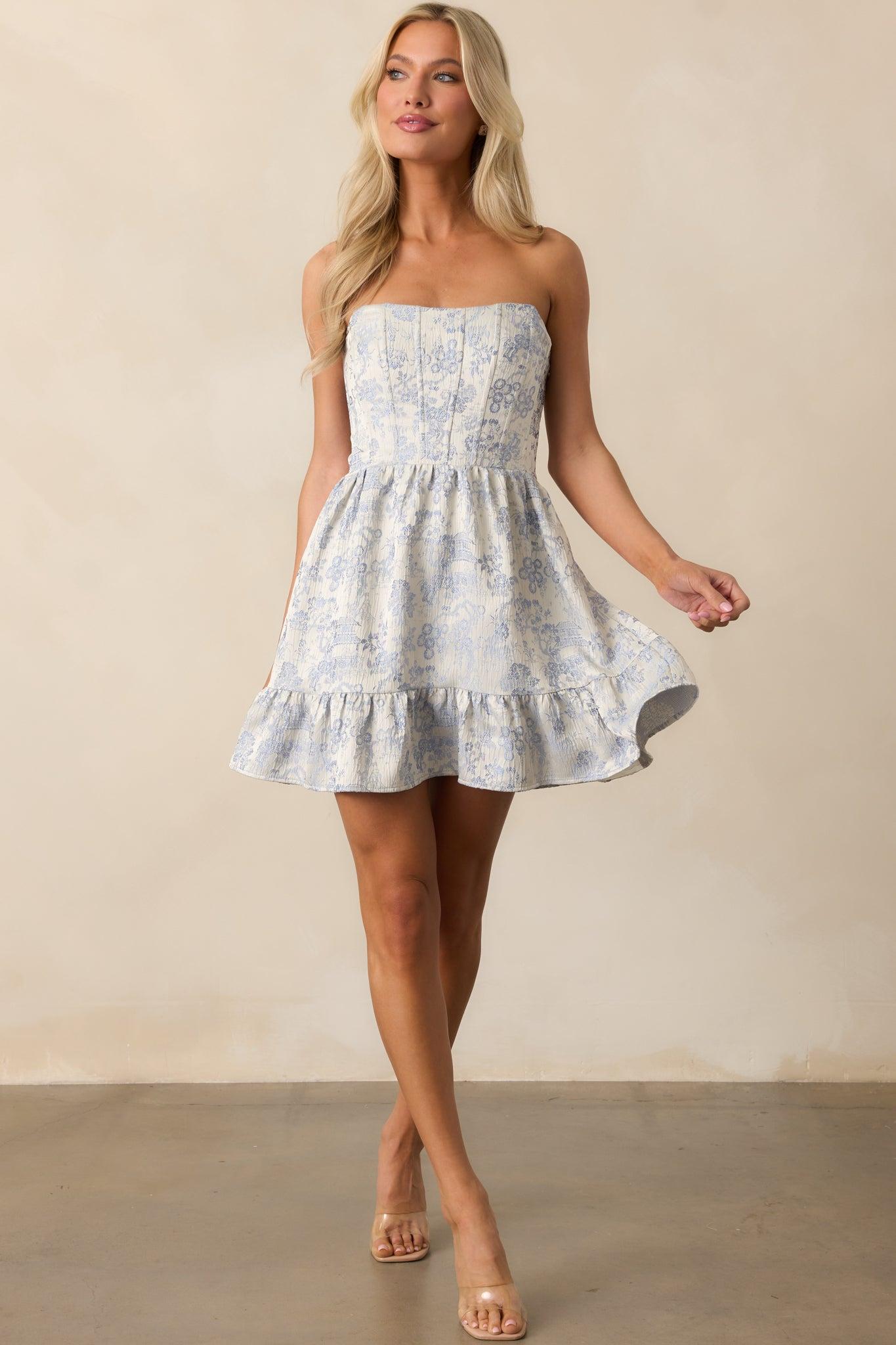 Taking The Lead Light Blue Floral Jacquard Strapless Mini Dress Product Image