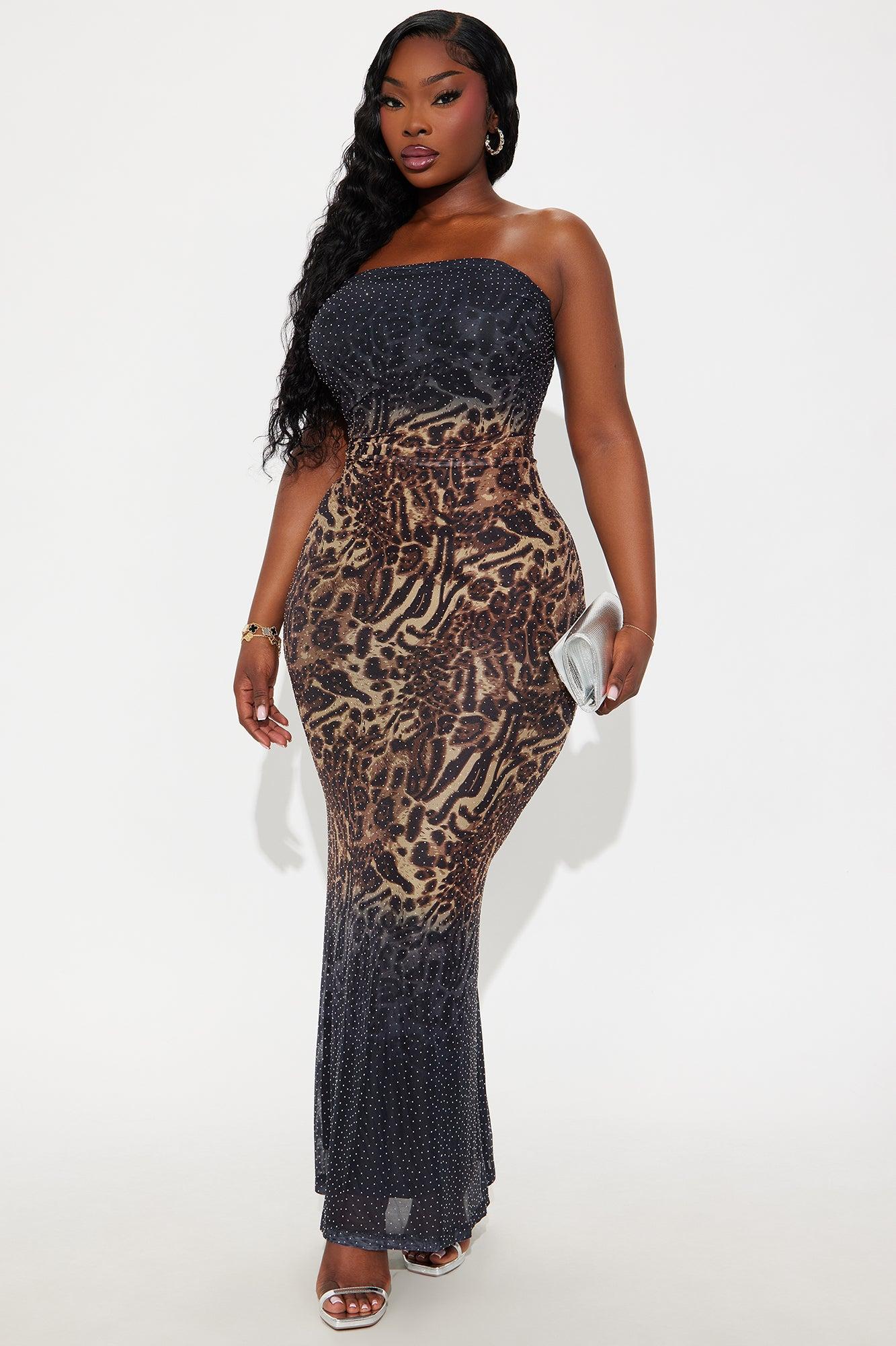 On The Wild Side Rhinestone Maxi Dress - Brown/combo Product Image