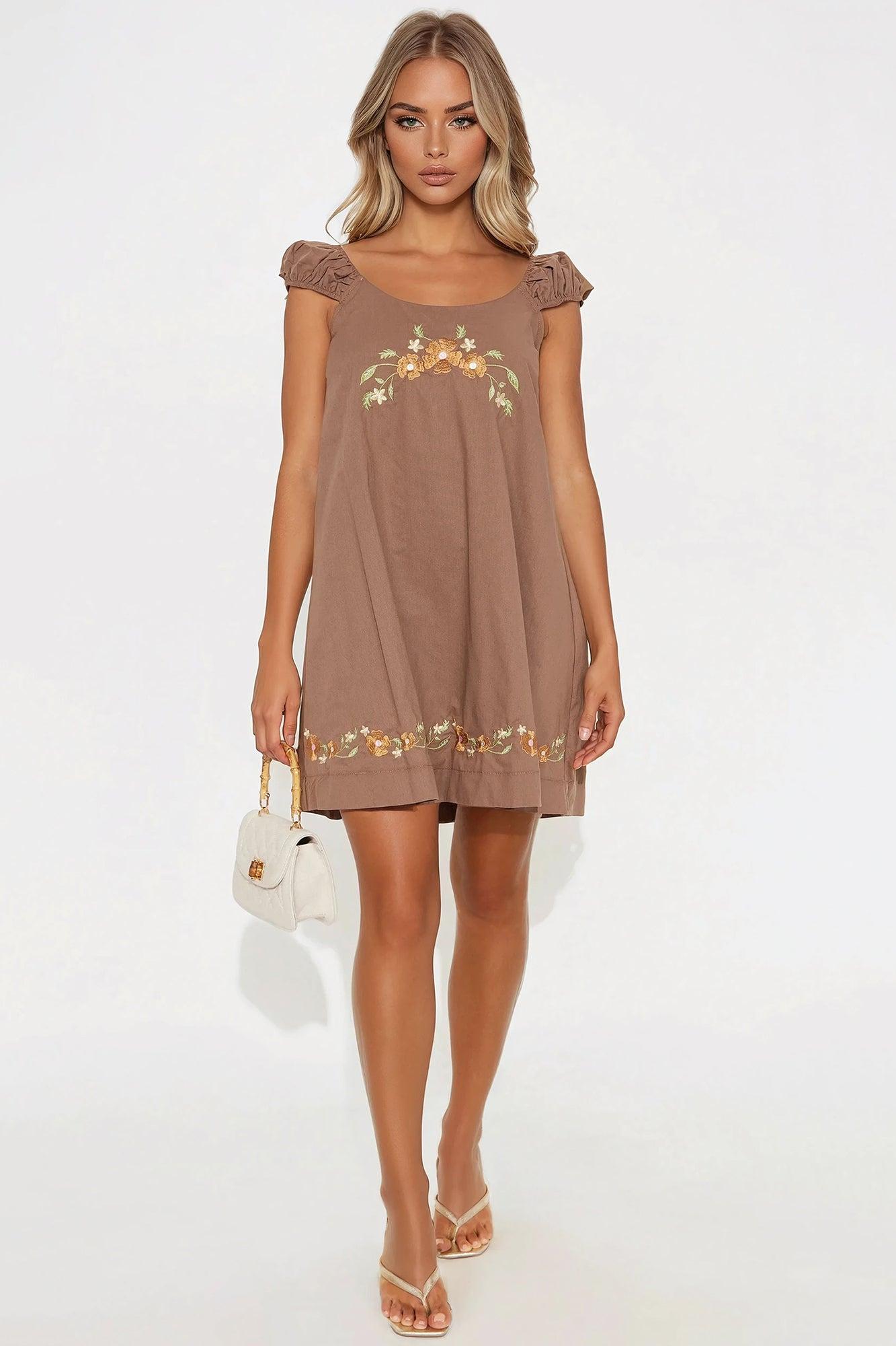 Helen Linen Floral Mini Dress - Chocolate Product Image