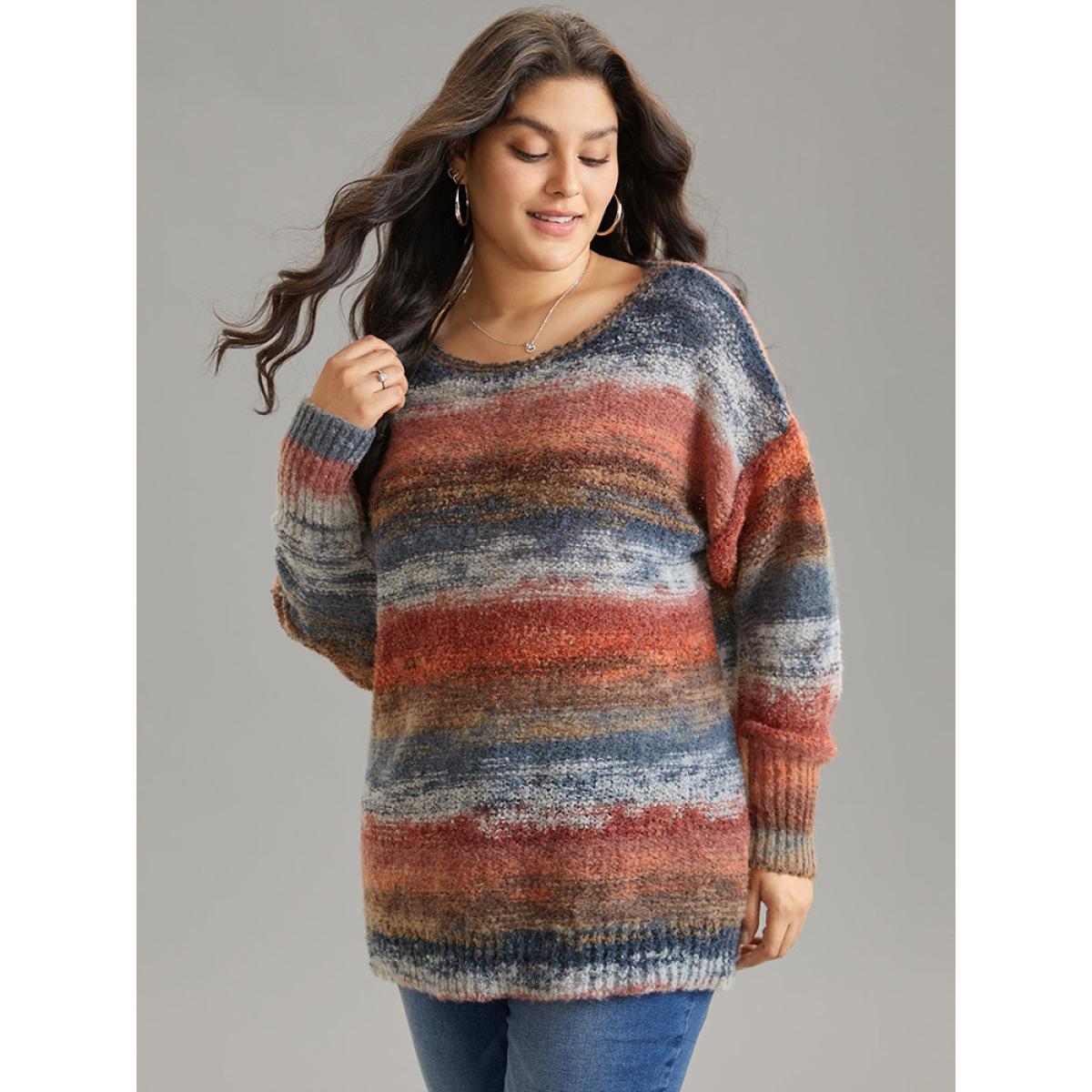 Plus Size Heather Colorblock Contrast Drop Shoulder Pullover Multicolor Women Casual Loose Long Sleeve Round Neck Everyday Pullovers BloomChic 30/6X Product Image