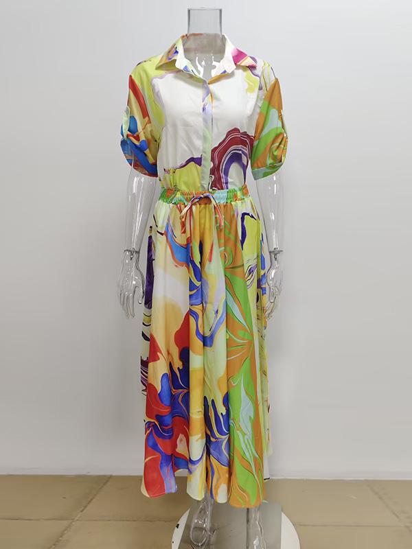 Loose Asymmetric Printed Lapel Blouse + A-Line Drawstring Elasticity Skirt Two Pieces Set Product Image