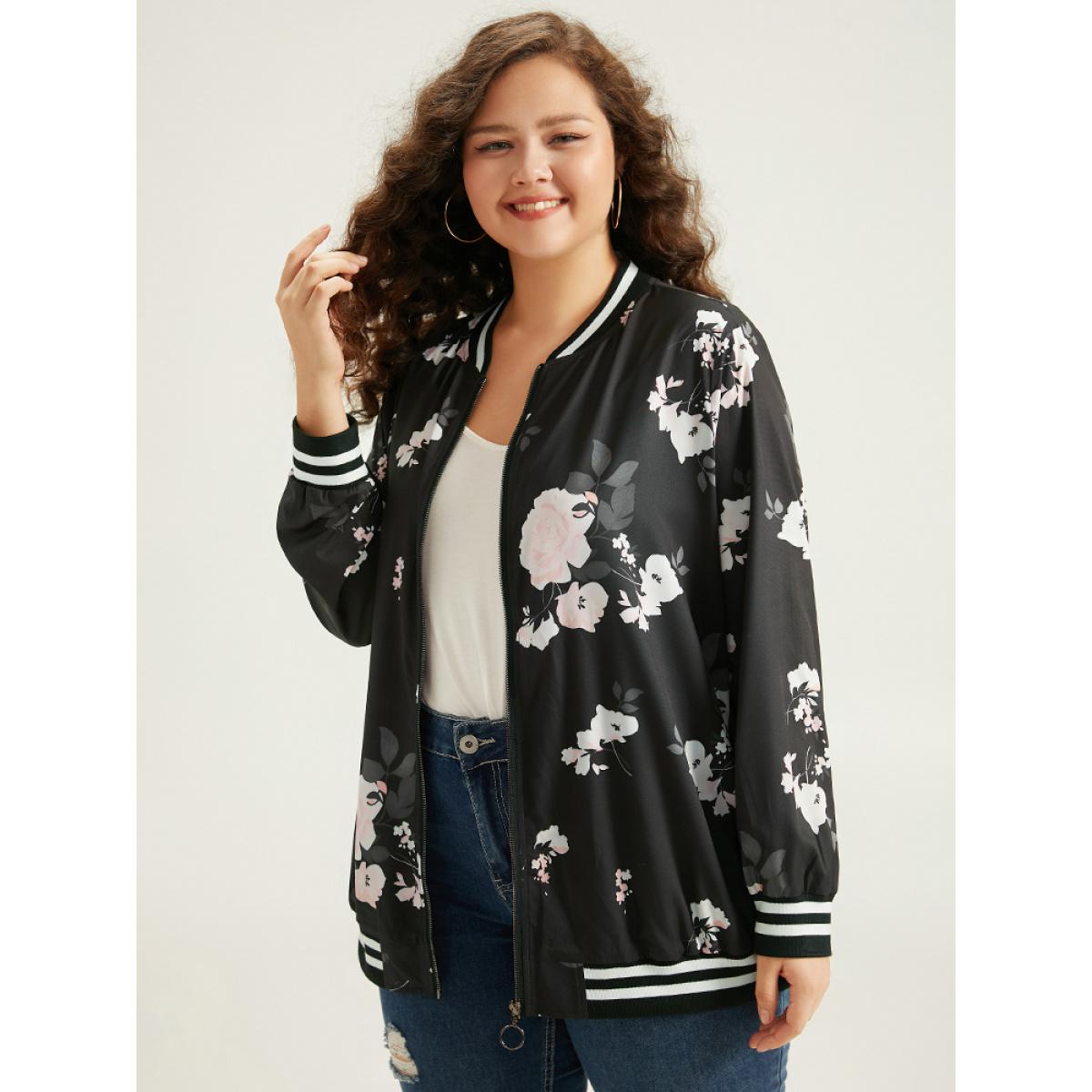 Plus Size Floral Contrast Trim O Ring Zipper Jacket Women Black Elastic cuffs Dailywear Jackets BloomChic 10/M Product Image