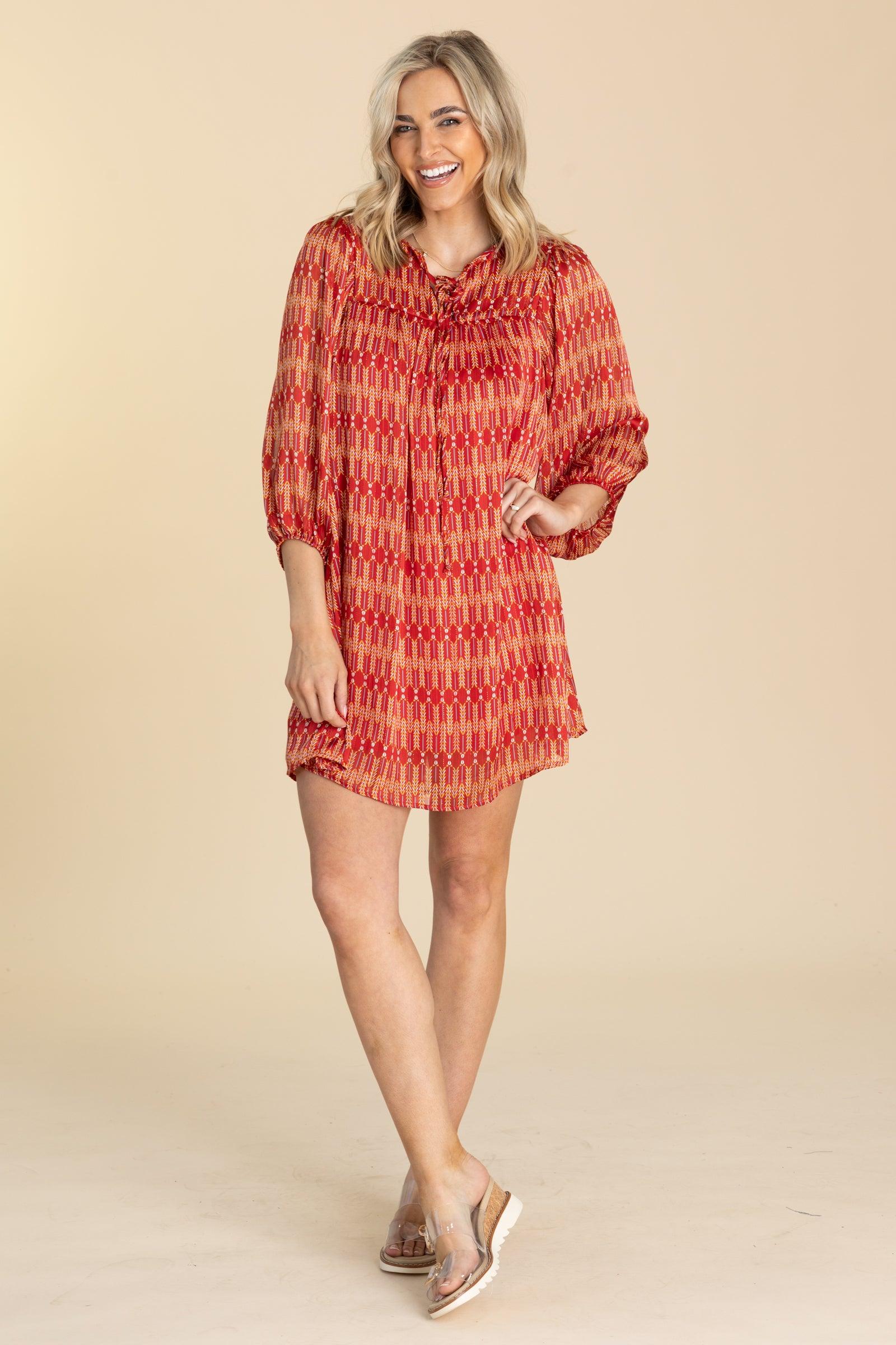 Red and Orange Boho Print Dress Product Image