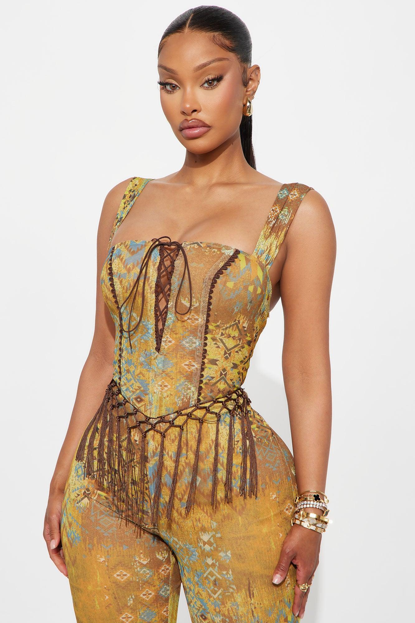 Mystic Aura Mesh Tribal Flare Leg Pant Set - Brown/combo Female Product Image