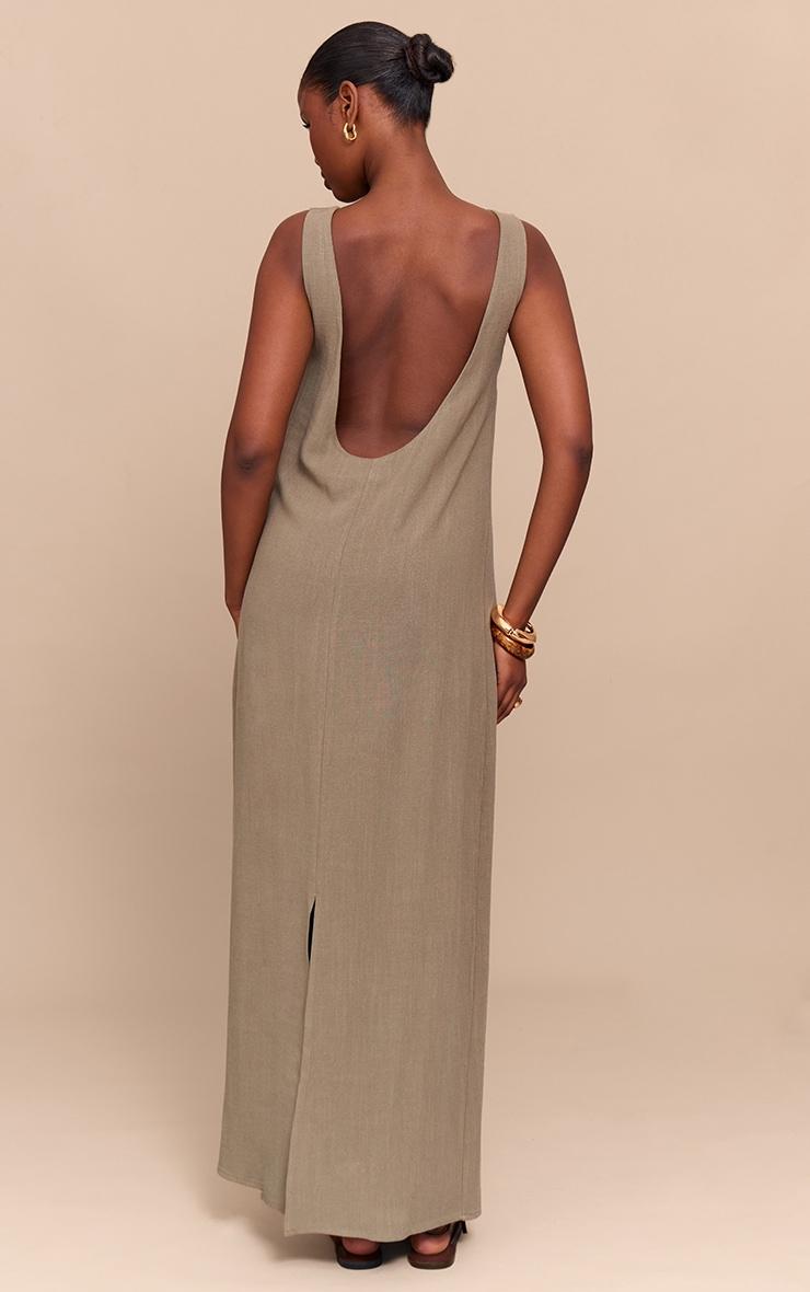 Khaki Textured Boat Neck Low Back Maxi Dress Product Image