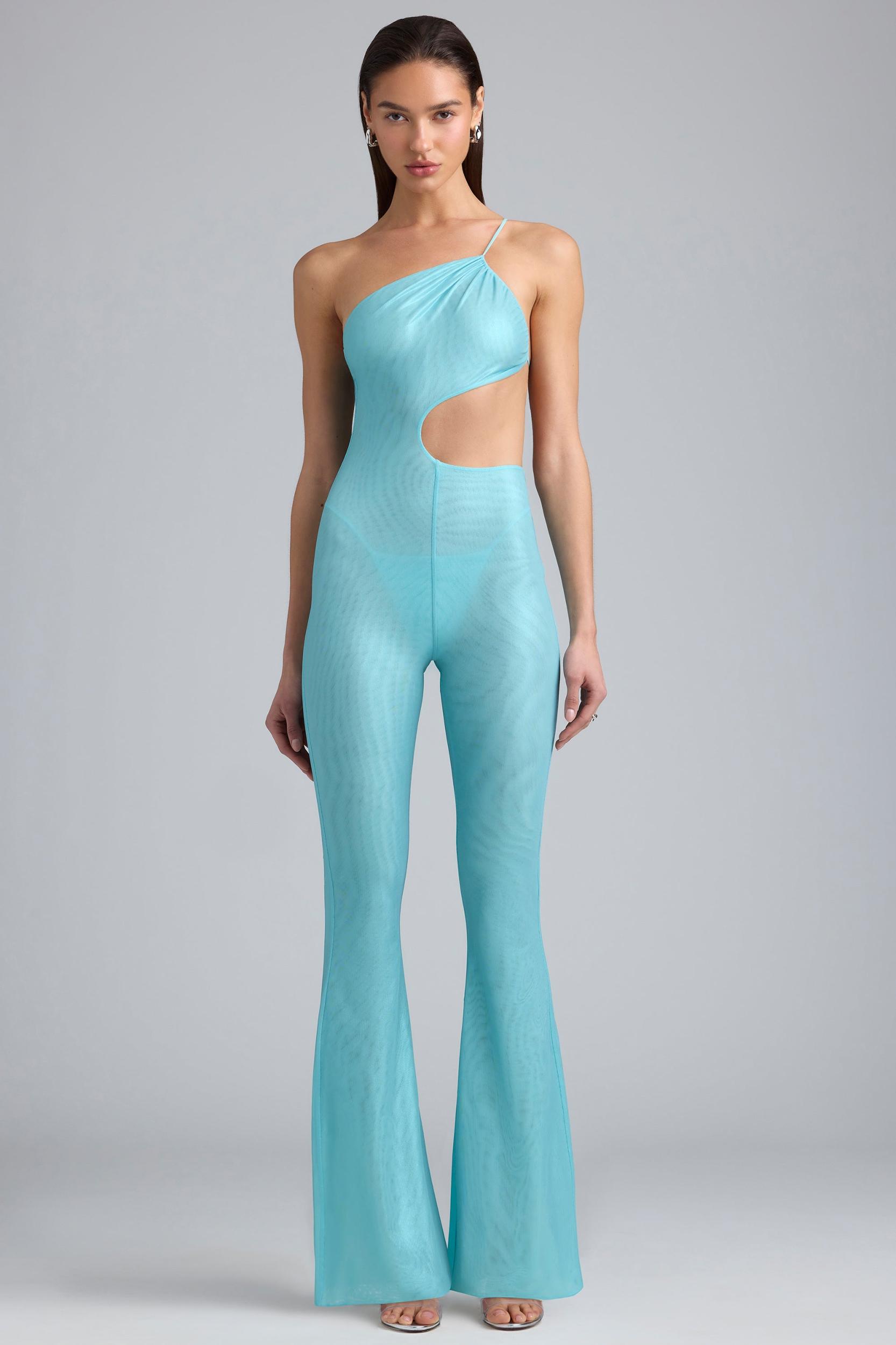 Metallic Ruched Cut-Out Flared Jumpsuit in Ice Blue Product Image