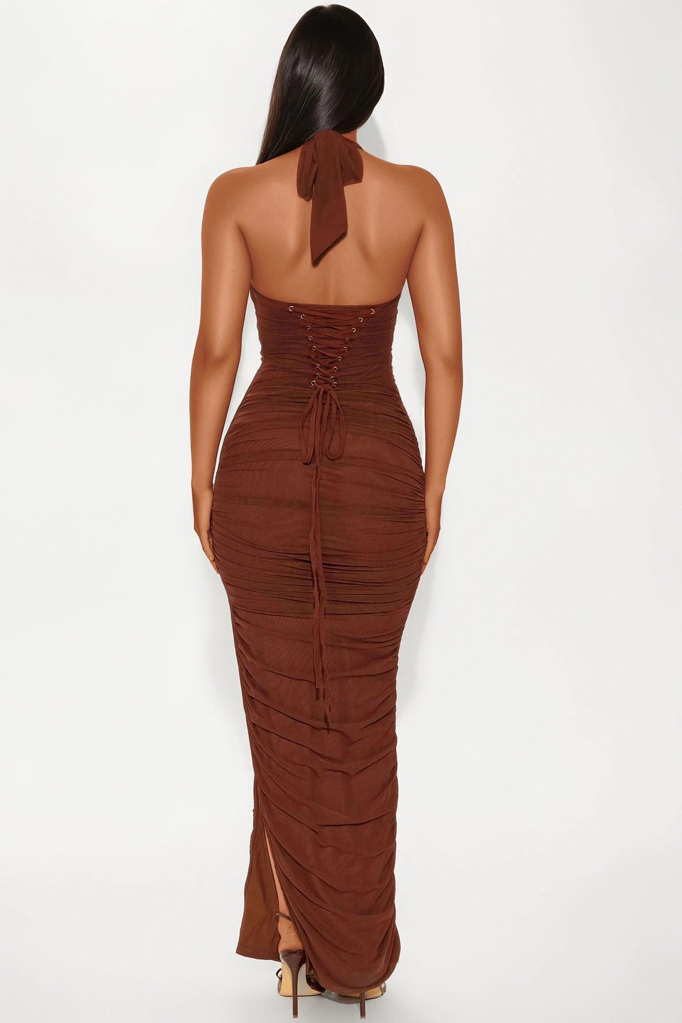 Lisa Ruched Mesh Sleeveless Maxi Dress - Brown Product Image