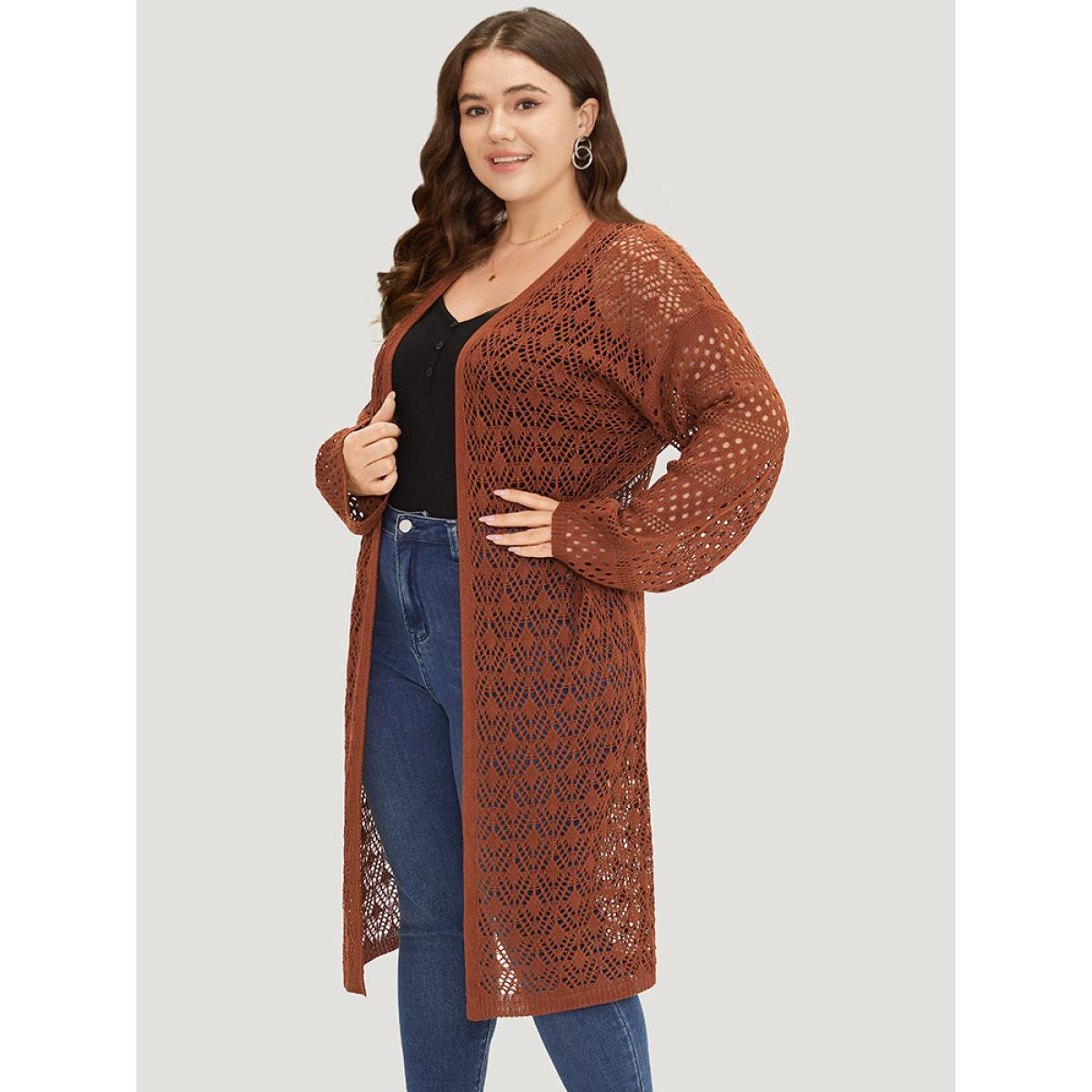 Plus Size Plain Hollow Out Split Side Maxi Cardigan Maroon Women Casual Loose Long Sleeve Dailywear Cardigans BloomChic 10/M Product Image