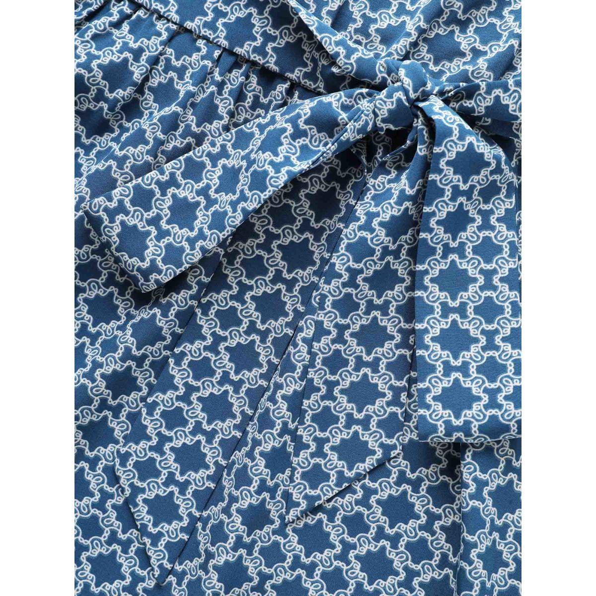 Plus Size Geometric Print Belted Pockets Midi Dress Mediumblue Women Round Neck Short sleeve Curvy BloomChic 26/4X Product Image