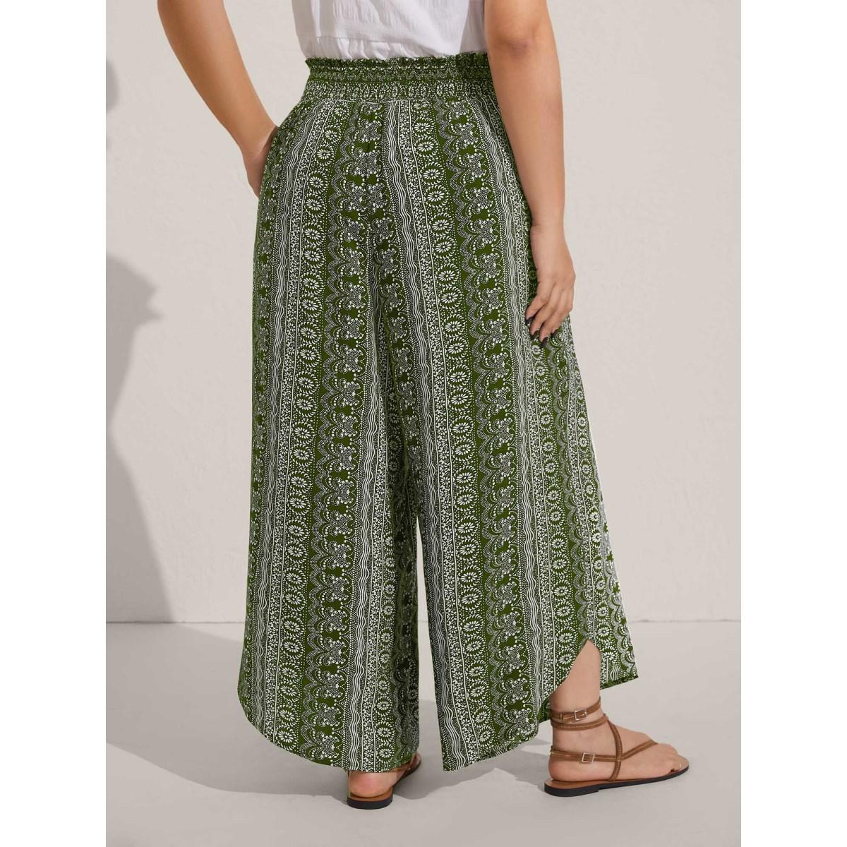 Plus Size Boho Print Shirred Waist Wide-Leg Pants Women Moss Boho Wide Leg Mid Rise Vacation Pants BloomChic 30/6X Product Image