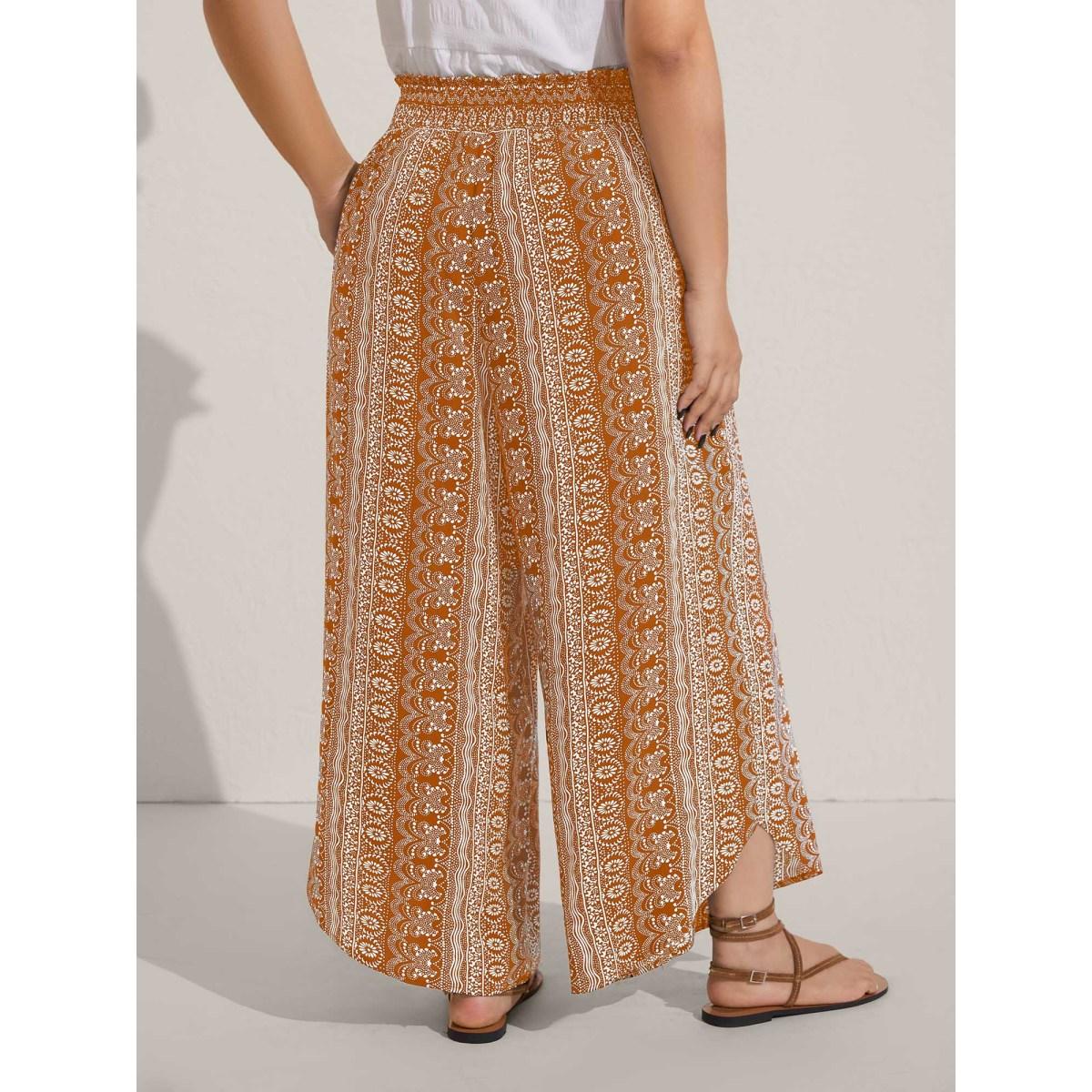 Plus Size Boho Print Shirred Waist Wide-Leg Pants Women Yellowishbrown Boho Wide Leg Mid Rise Vacation Pants BloomChic 22-24/3X Product Image