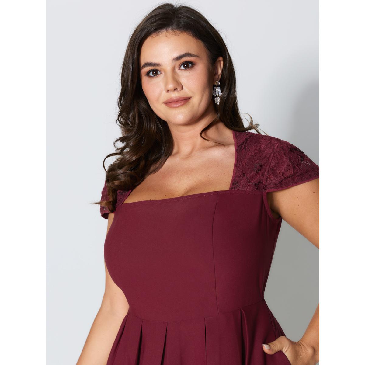Plus Size Lace Trim Sleeve Pleated Maxi Dress Burgundy Women Party&Cocktail Square Neck Cap Sleeve Curvy BloomChic 28/5X Product Image