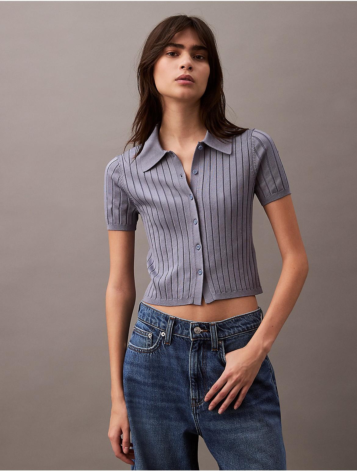 Calvin Klein Womens Rib Crop Polo Sweater - White Product Image