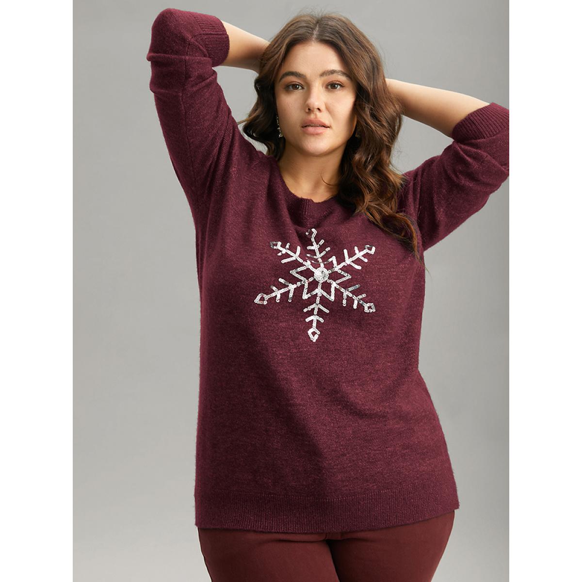 Plus Size Anti-Pilling Sequin Snowflake Round Neck Pullover Burgundy Women Casual Loose Long Sleeve Round Neck Festival-Christmas Pullovers BloomChic 18-20/2X Product Image