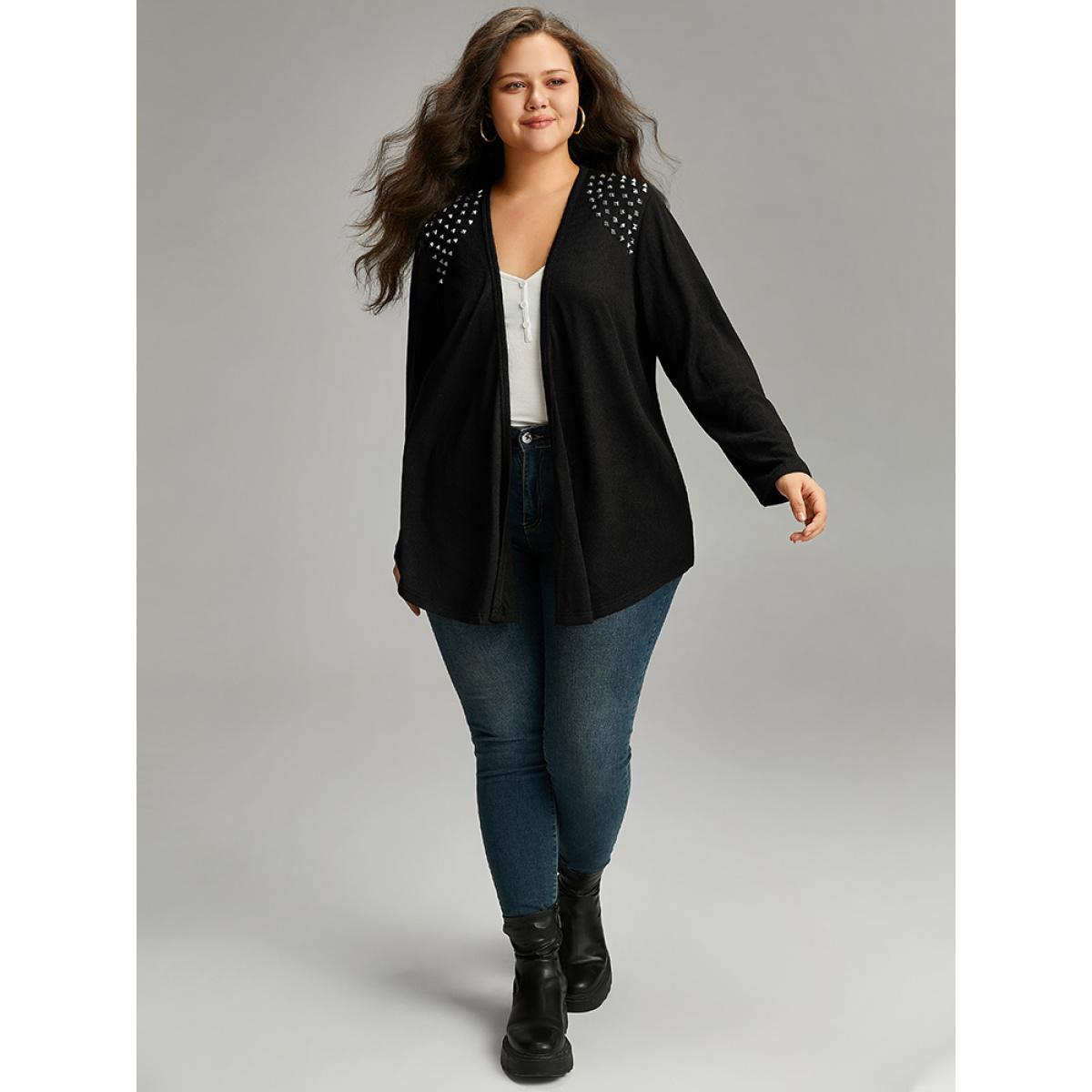 Plus Size Plain Rivets Detail Open Front Asymmetrical Hem Kimono Women Black Work From Home Texture Work Kimonos BloomChic 12/L Product Image