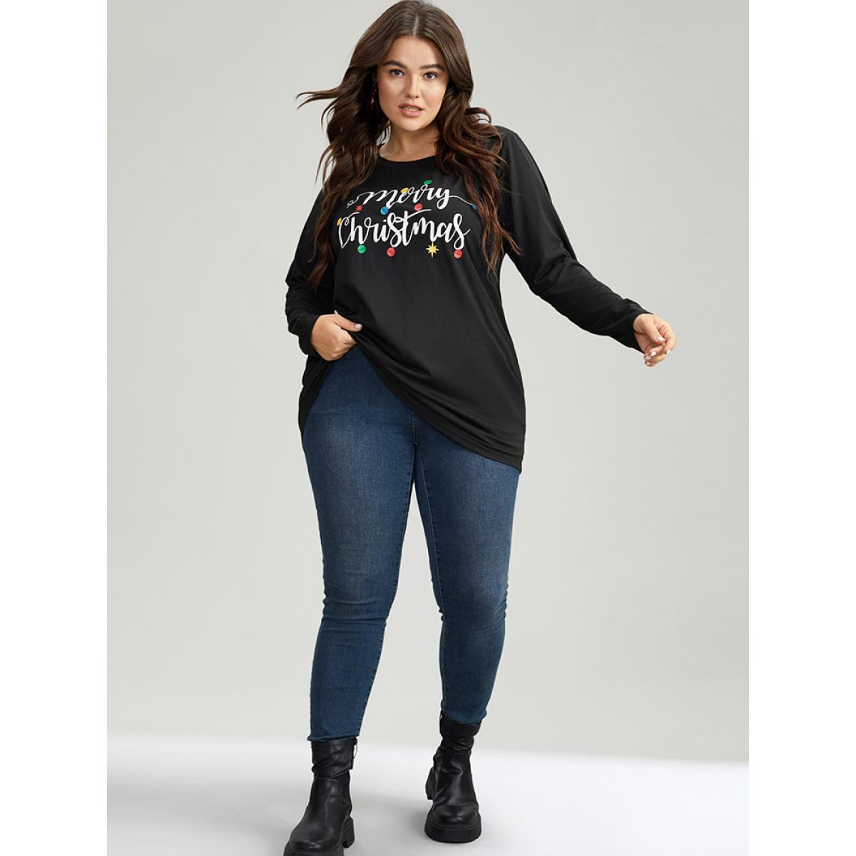 Plus Size Christmas Letter Print Crew Neck T-shirt Black Women Casual Printed Christmas Festival-Christmas T-shirts BloomChic 22-24/3X Product Image