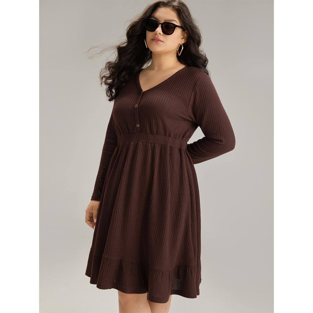 Plus Size Waffle Knit Button Up Elastic Waist Dress DarkBrown Women Casual Plain V-neck Long Sleeve Curvy Knee Dress BloomChic 22-24/3X Product Image