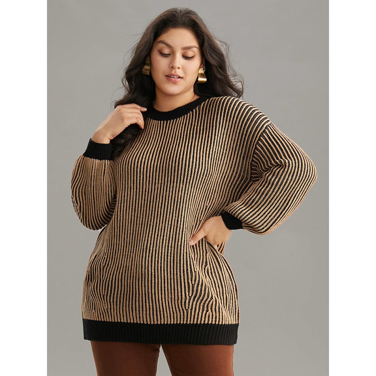 Plus Size Striped Contrast Round Neck Pullover Tan Women Casual Loose Long Sleeve Round Neck Dailywear Pullovers BloomChic 14-16/1X Product Image