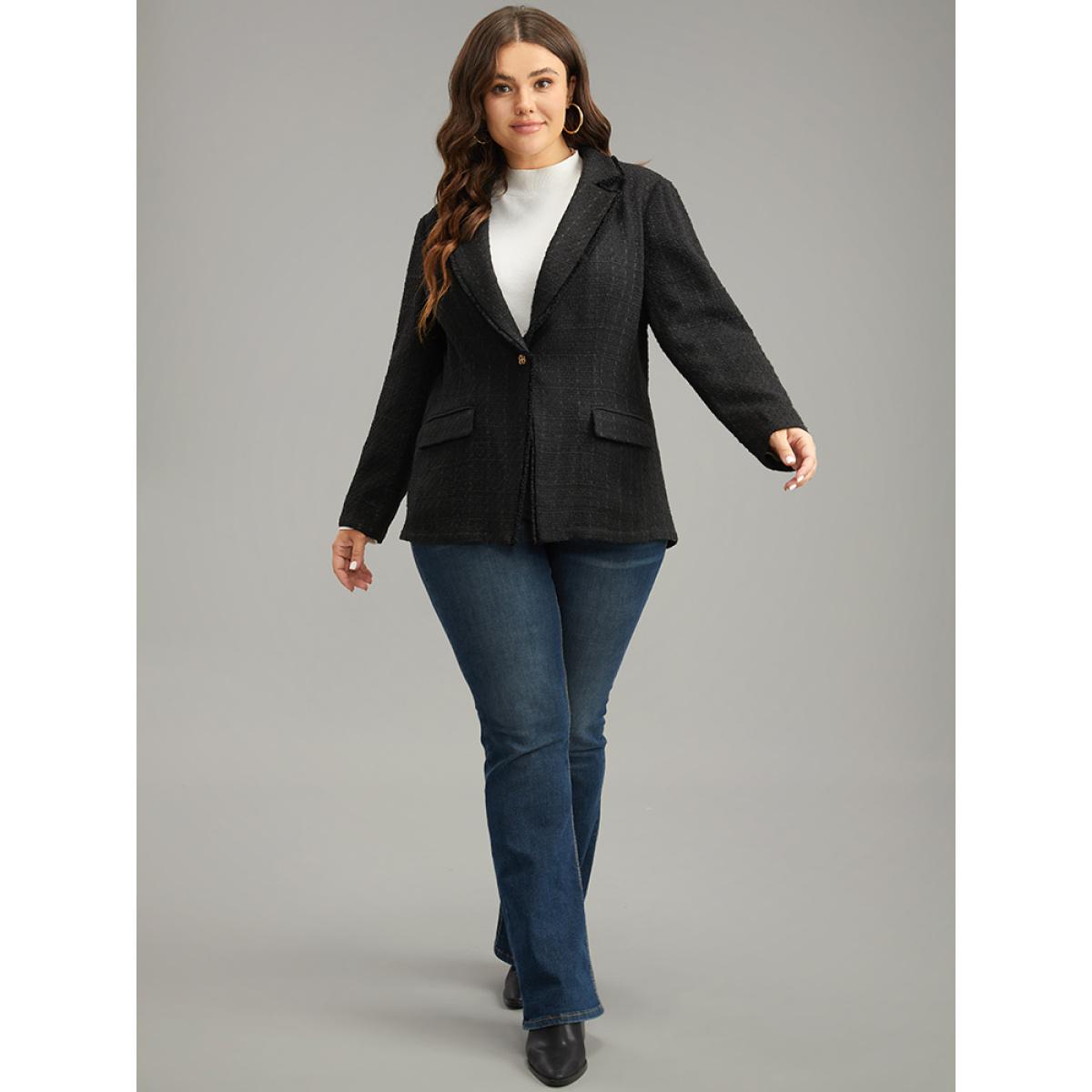 Plus Size Plain Tweed Plisse Pocket Button Through Blazer Black Women Dailywear Plain Texture Sleeve Long Sleeve Suit Collar 12/L Pocket Elegant Blazers BloomChic Product Image
