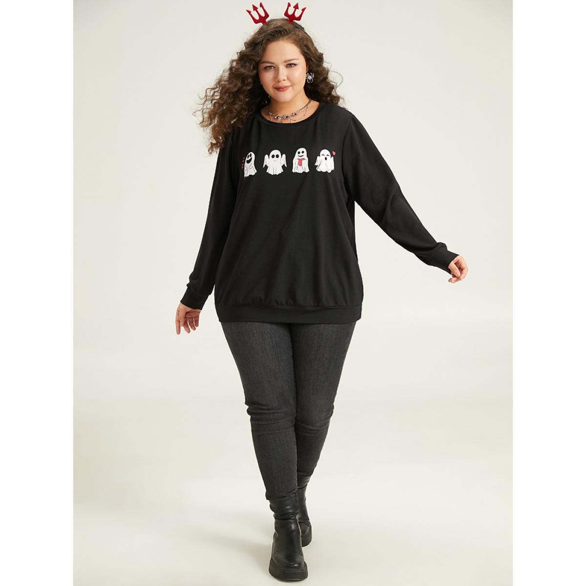 Plus Size Halloween Print Crew Neck Sweatshirt Women Black Casual Printed Festival-Halloween Sweatshirts BloomChic 22-24/3X Product Image