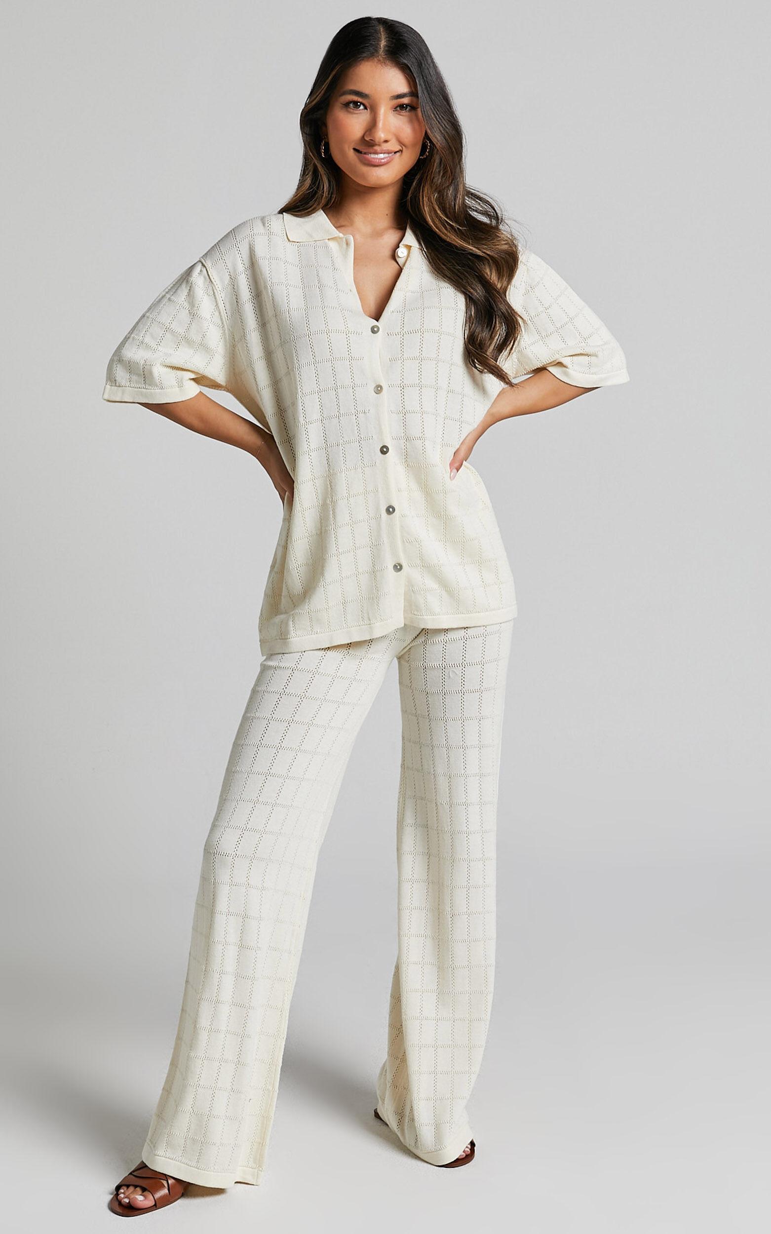 Tommy Two Piece Set - Knit Button Through Top and Pants Two Piece Set in Cream Product Image