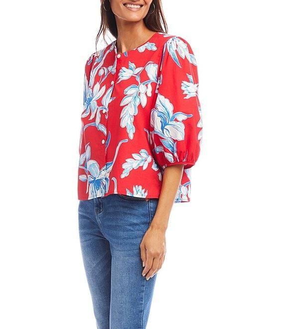 Karen Kane Petite Size Cotton Floral Round Neck 3/4 Puff Sleeve Button Front Shirt Product Image