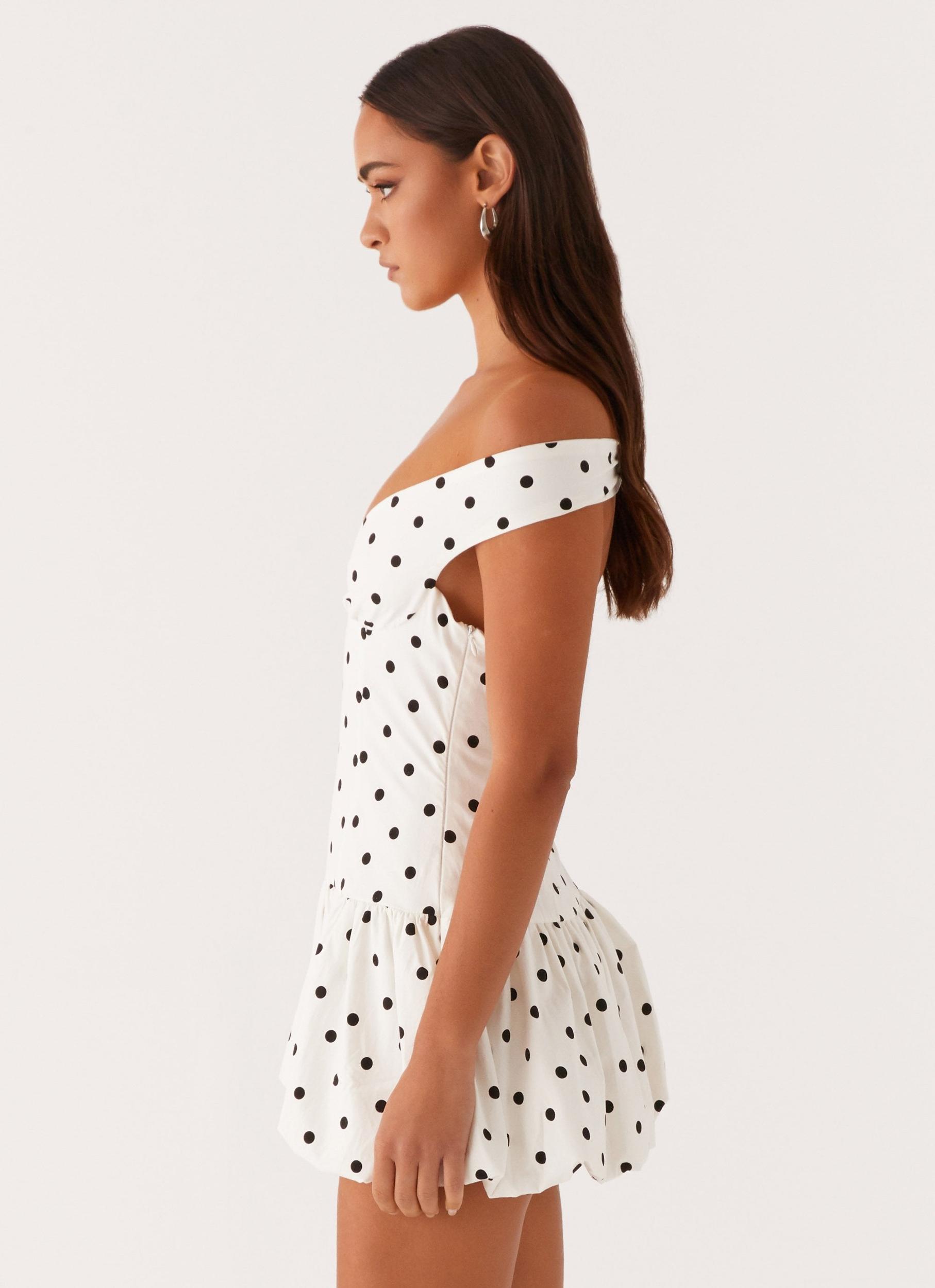 Endless Romance Off Shoulder Mini Dress - White Polka Dot Product Image