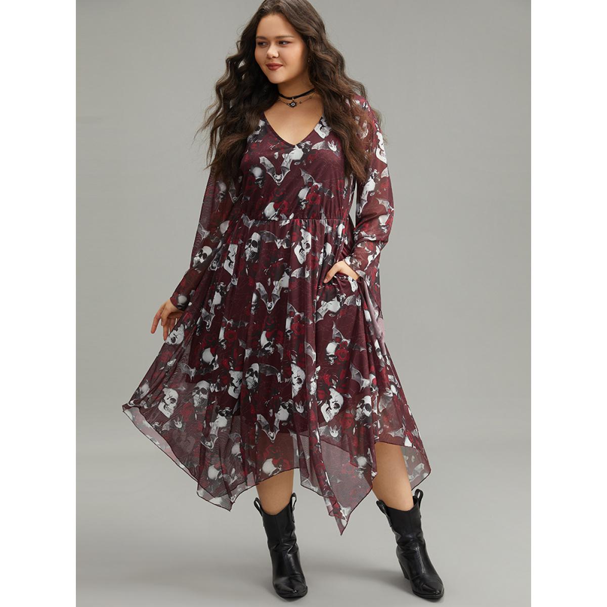 Plus Size Halloween Skull & Floral Print Bell Sleeve Dress Burgundy Women Elegant See through V-neck Long Sleeve Curvy Midi Dress BloomChic 10/M Product Image