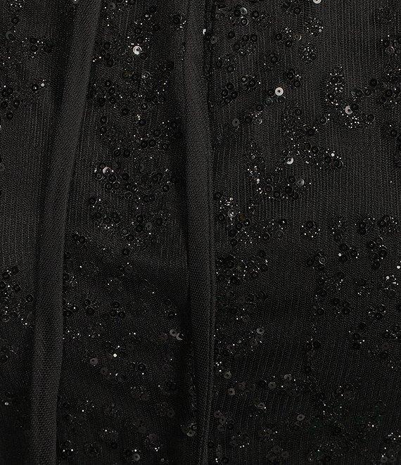 Blondie Nites Glitter/Sequin Mesh Leaf Print V-Neck Tie Back Long Gown Product Image