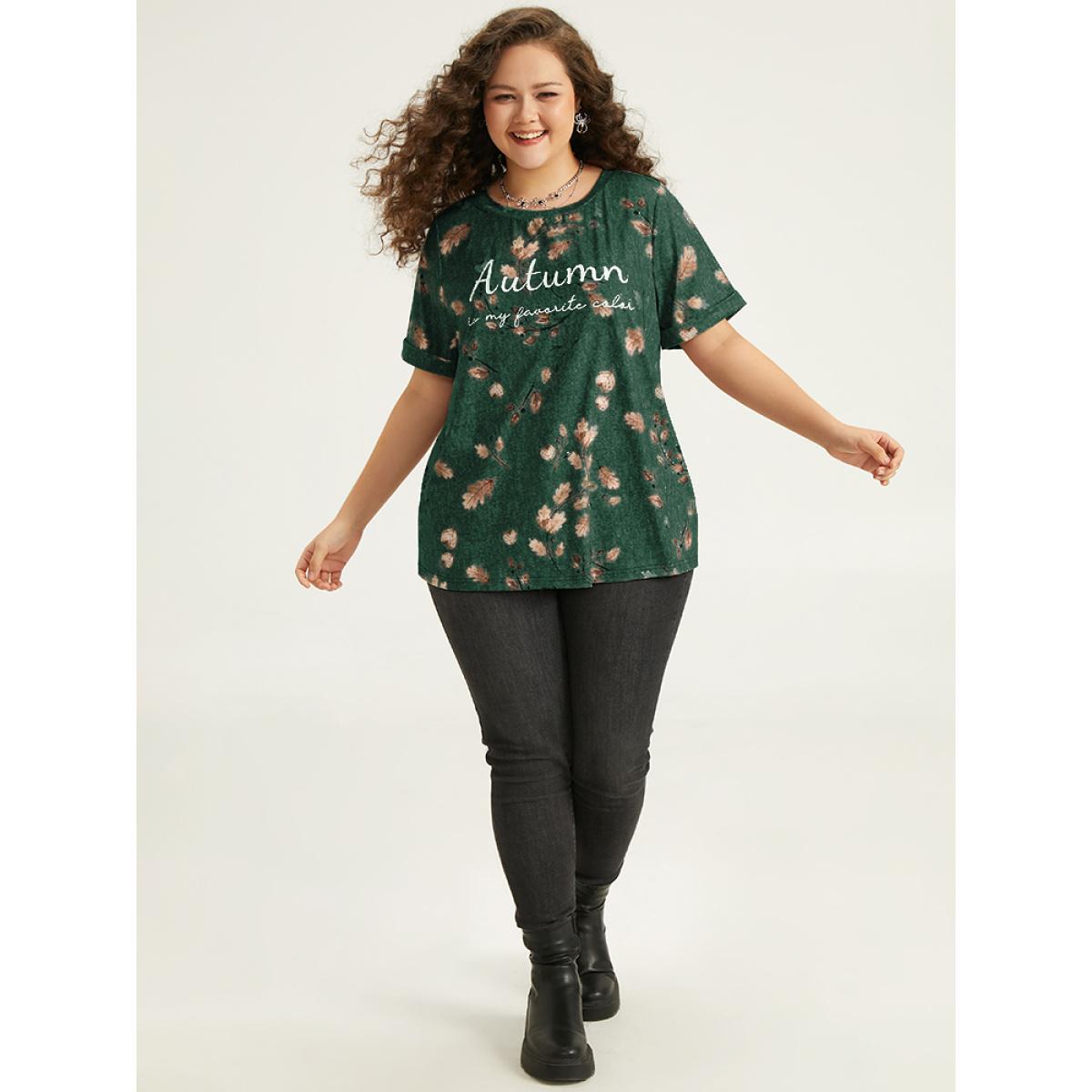 Plus Size Halloween Letter & Plant Print Cuffed Sleeve T-shirt Green Women Casual Printed Positive slogan Round Neck Festival-Halloween T-shirts BloomChic 14-16/1X Product Image
