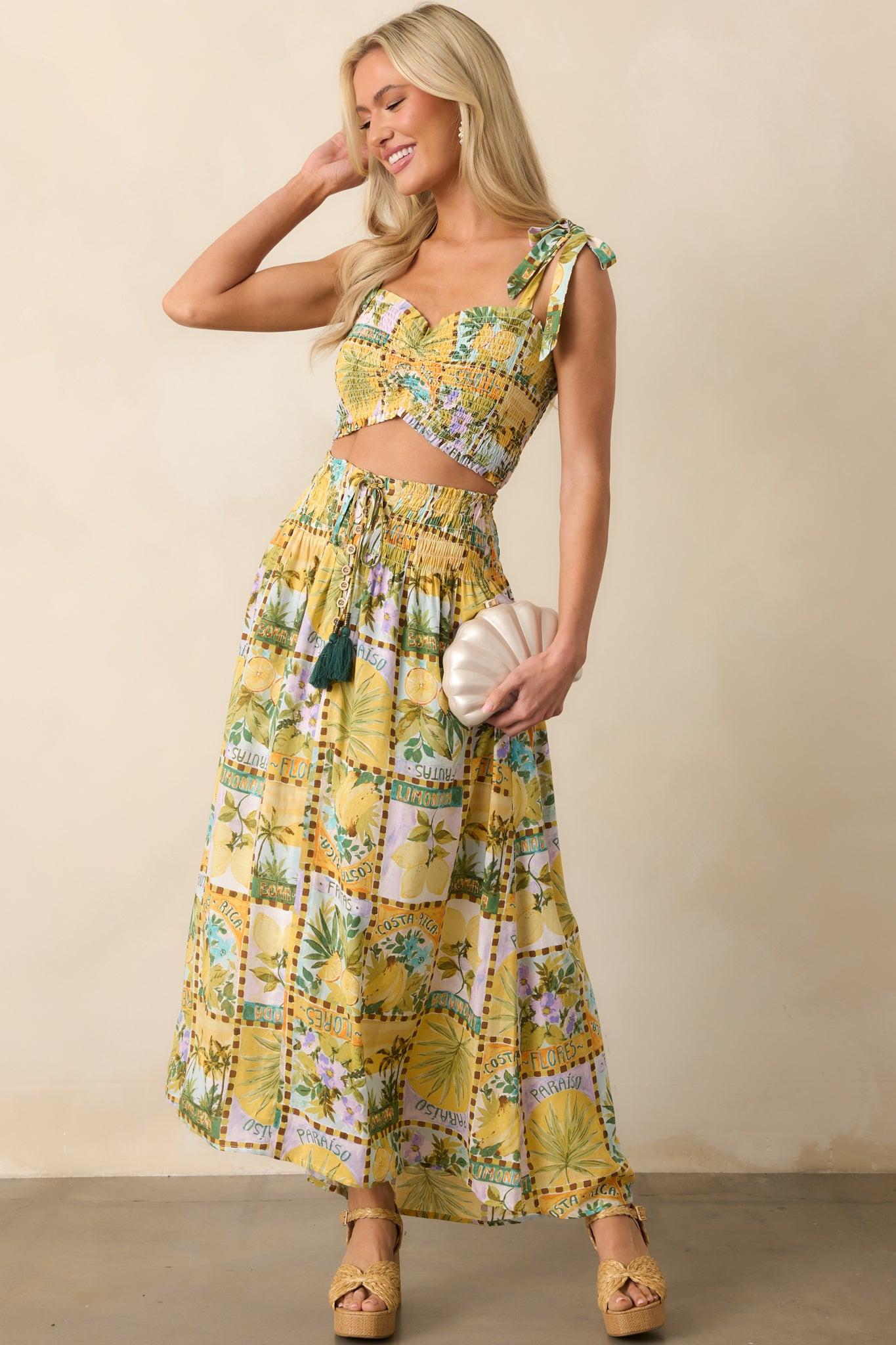 Shore Thing Green Tropical Print Smocked Crop Top Product Image